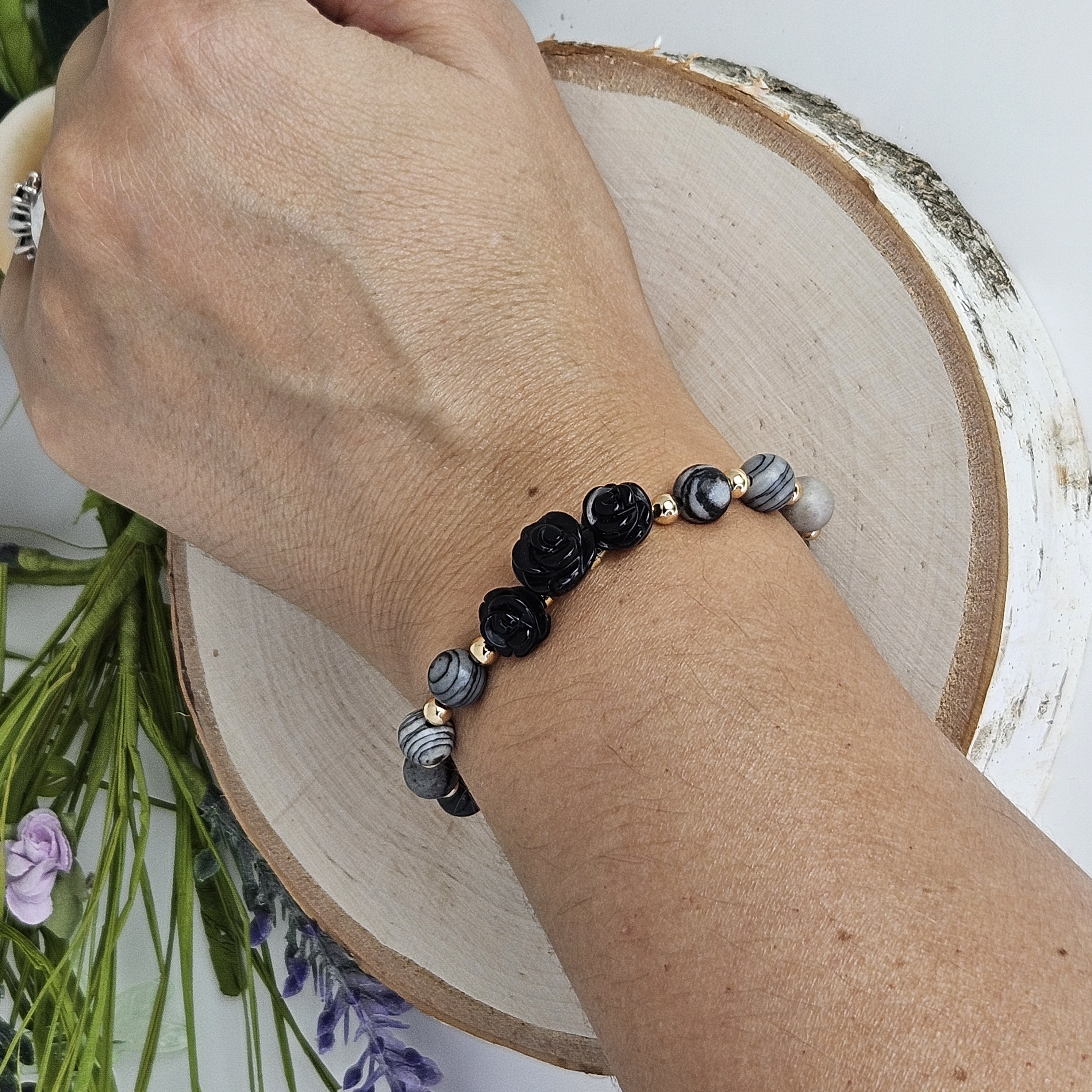 Large Black Agate Rose Black Network Agate Bracelet