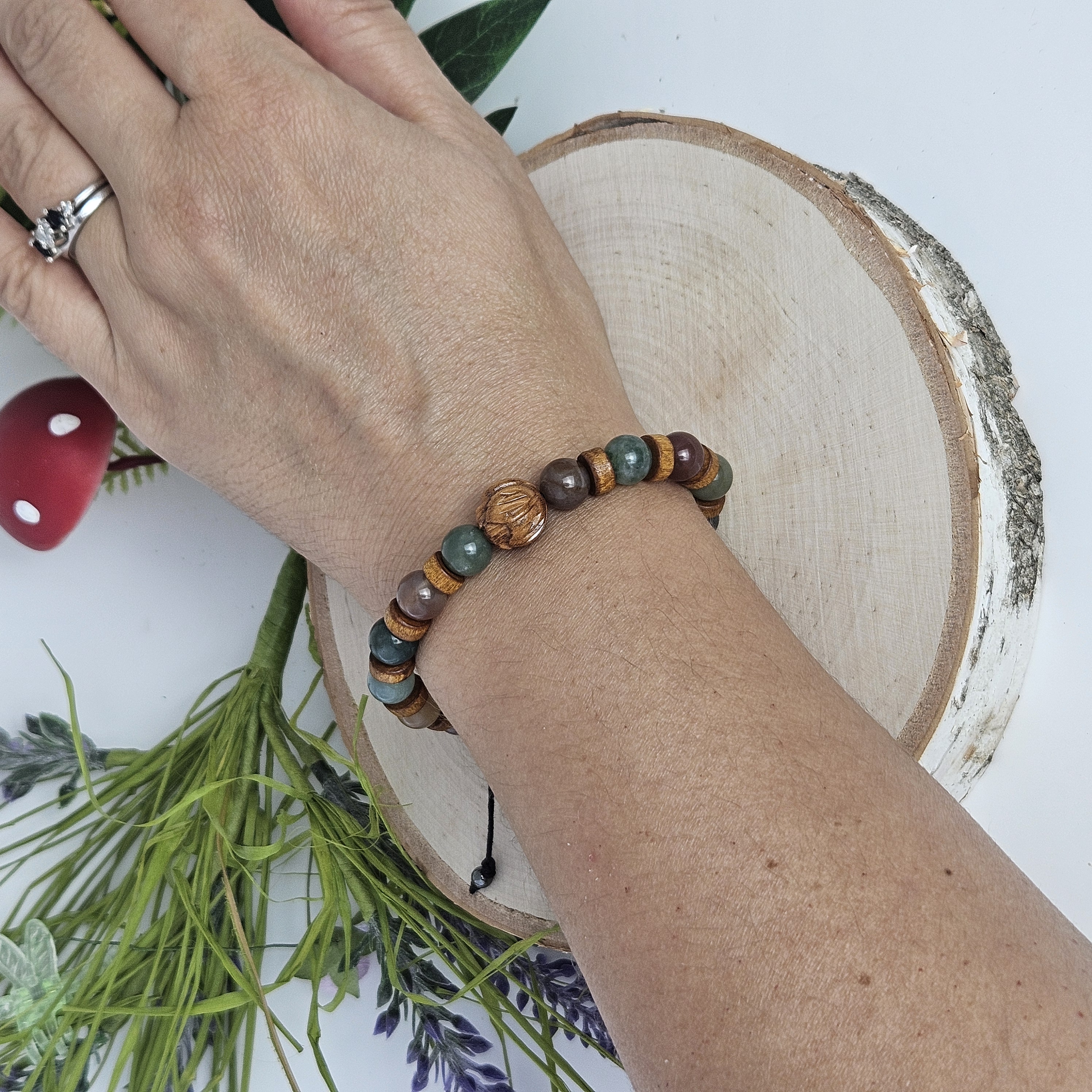 Carved Wooden Lotus and Indian Agate Bracelet