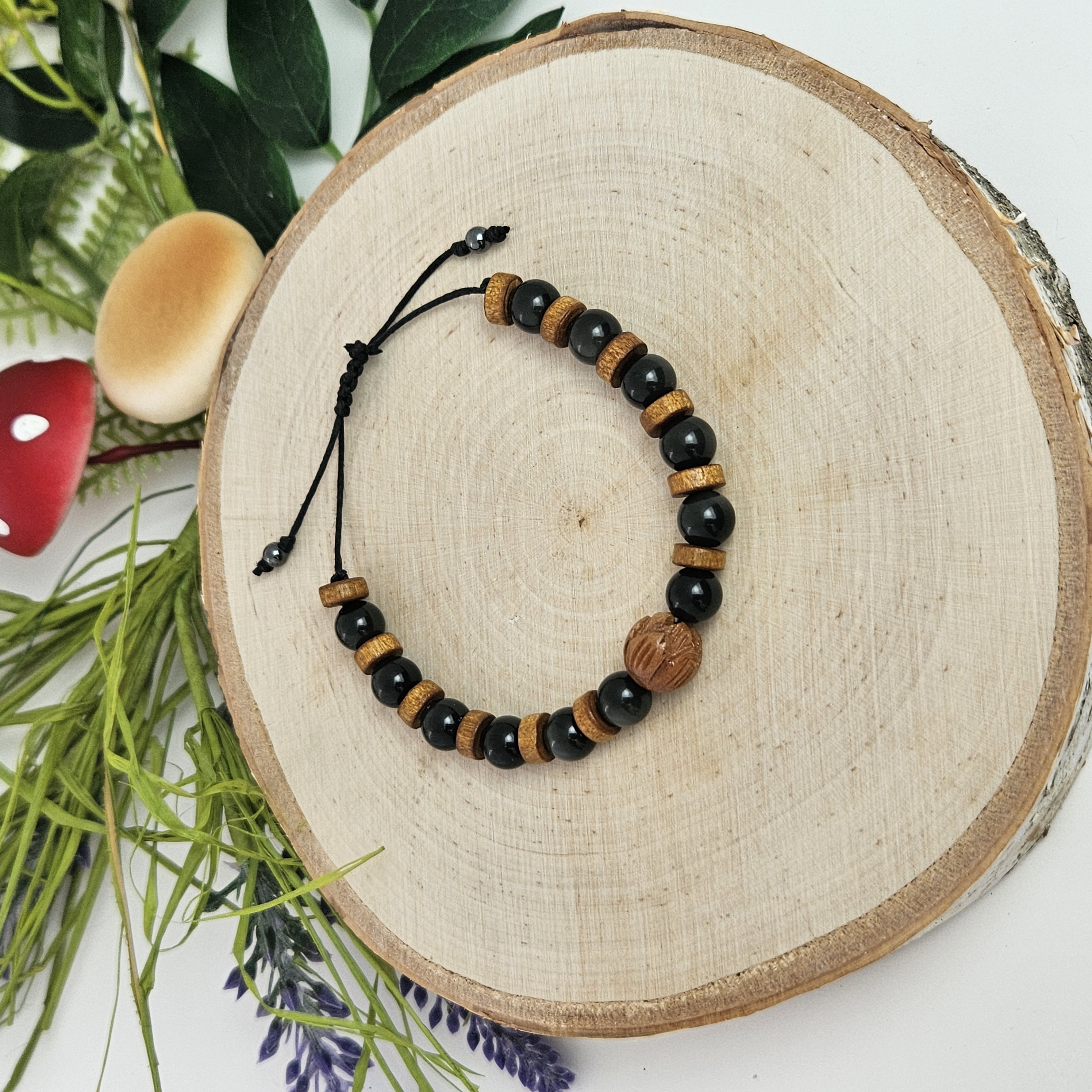 Carved Wooden Lotus Rainbow Black Obsidian Bracelet