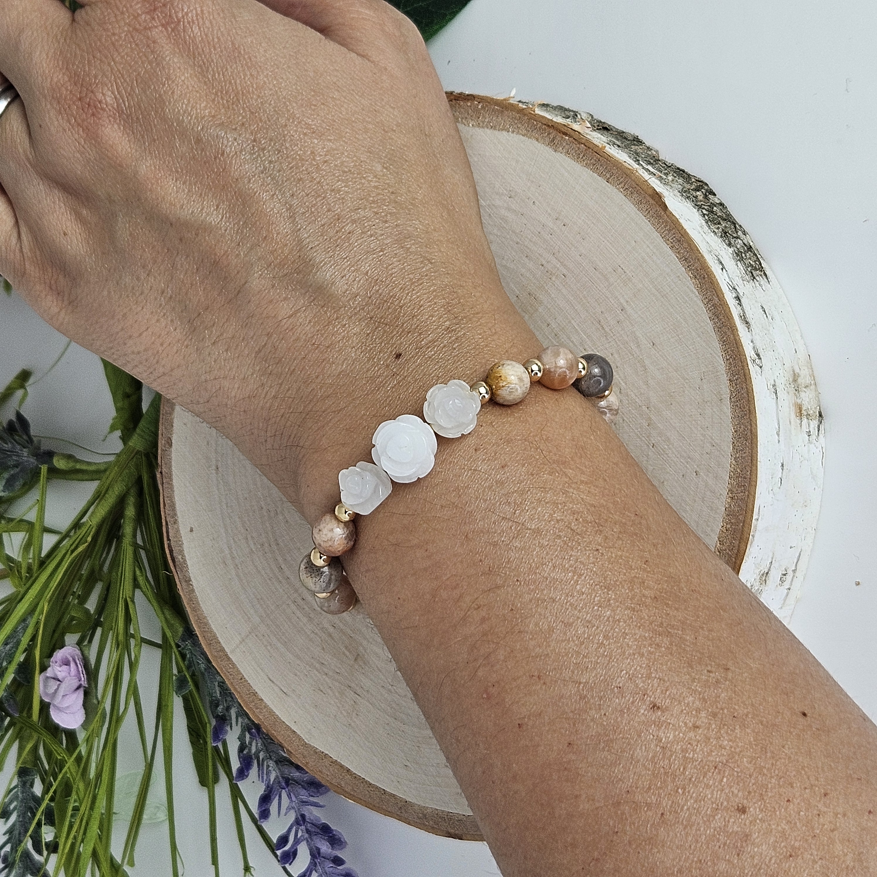 Large White Jade Rose Sunstone Bracelet