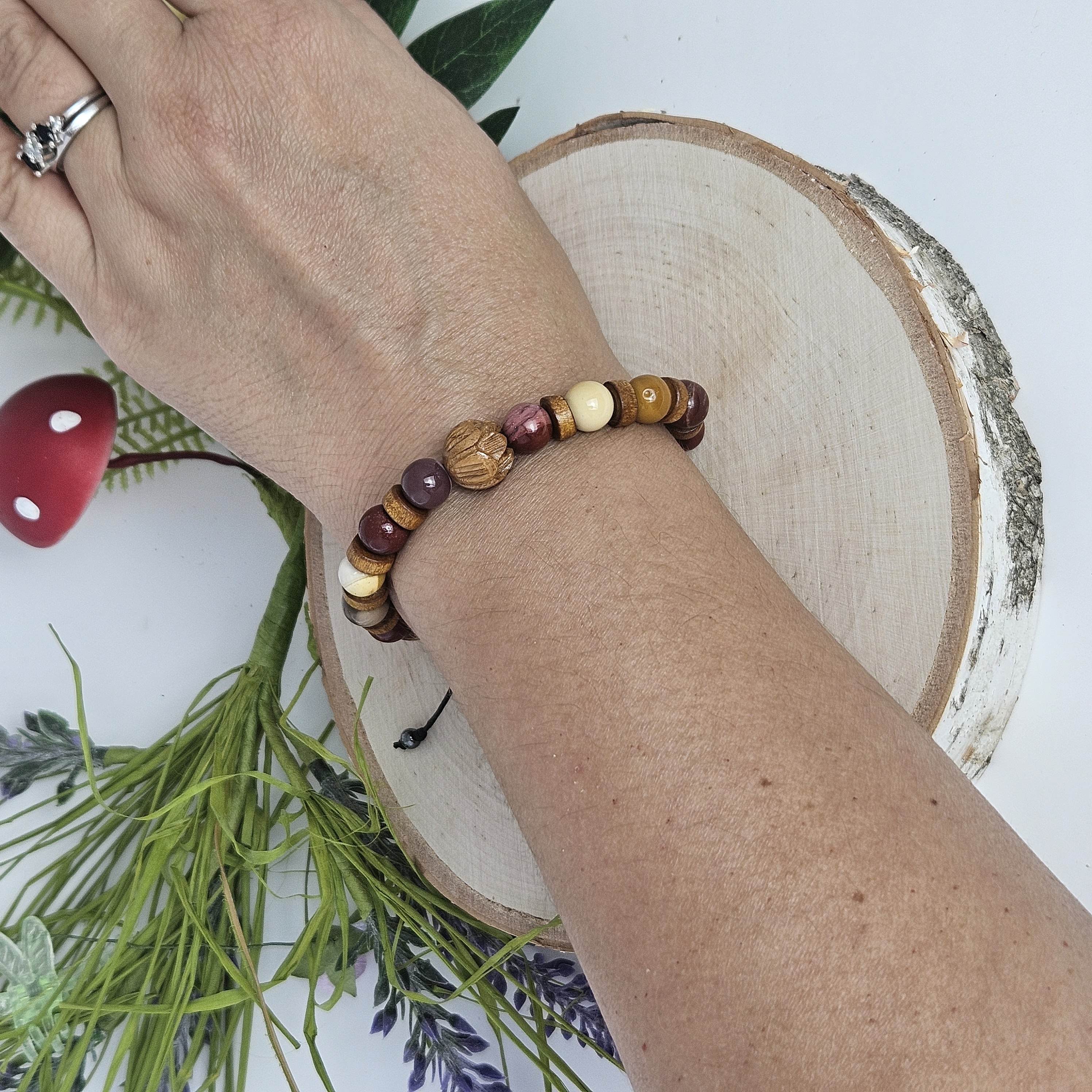 Carved Wooden Lotus and Mookaite Bracelet