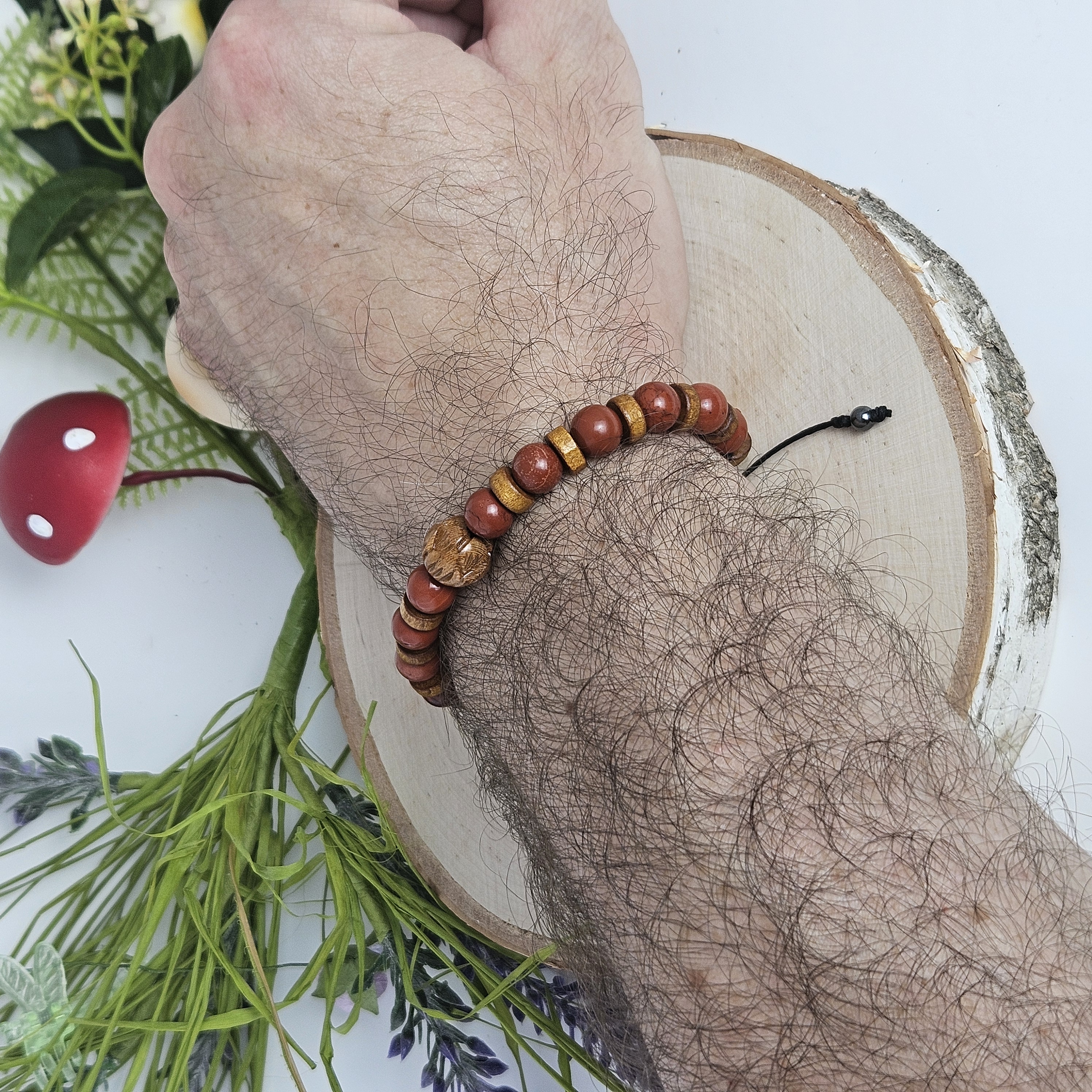 Carved Wooden Lotus and Red Jasper Bracelet
