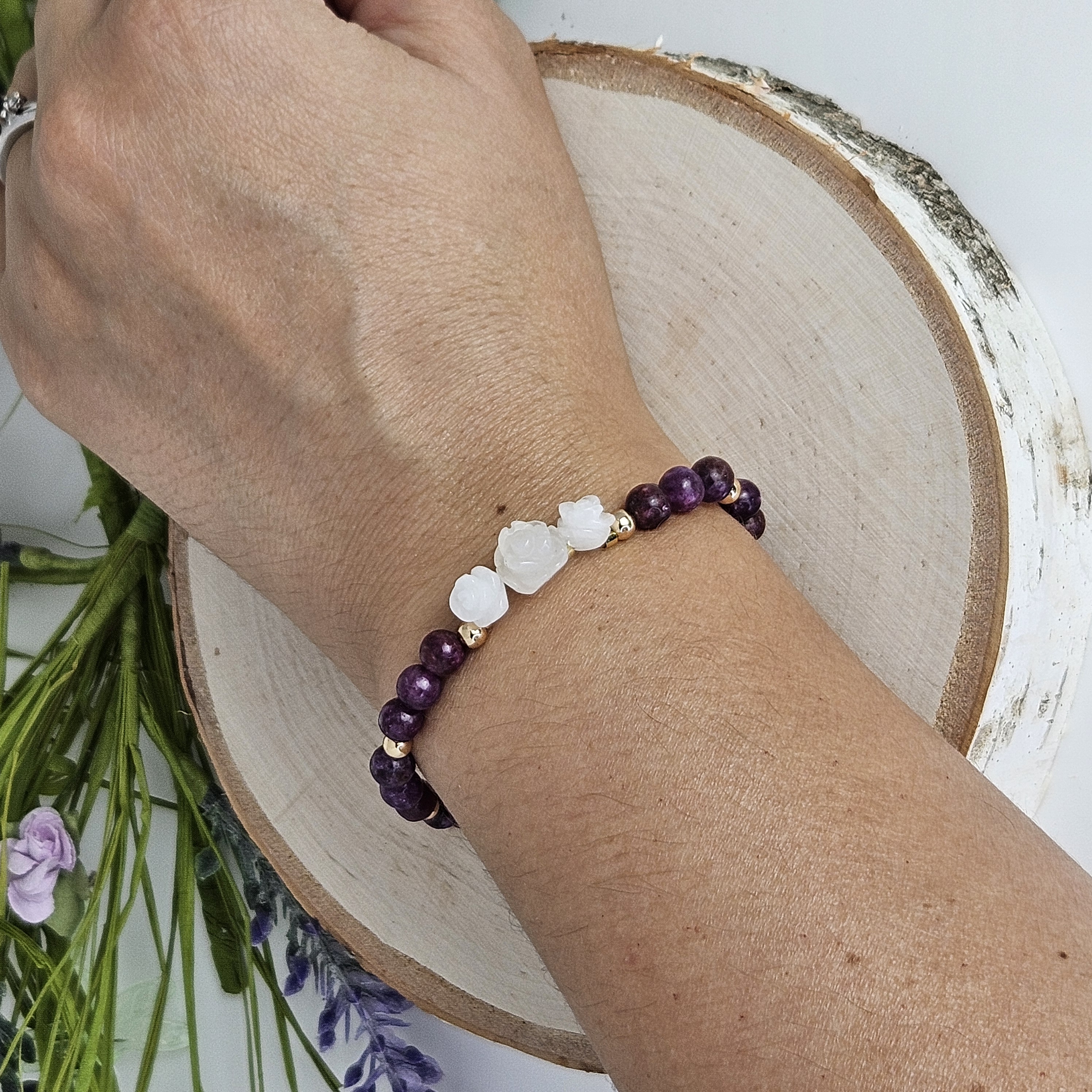 Small White Jade Rose Dark Lepidolite Bracelet