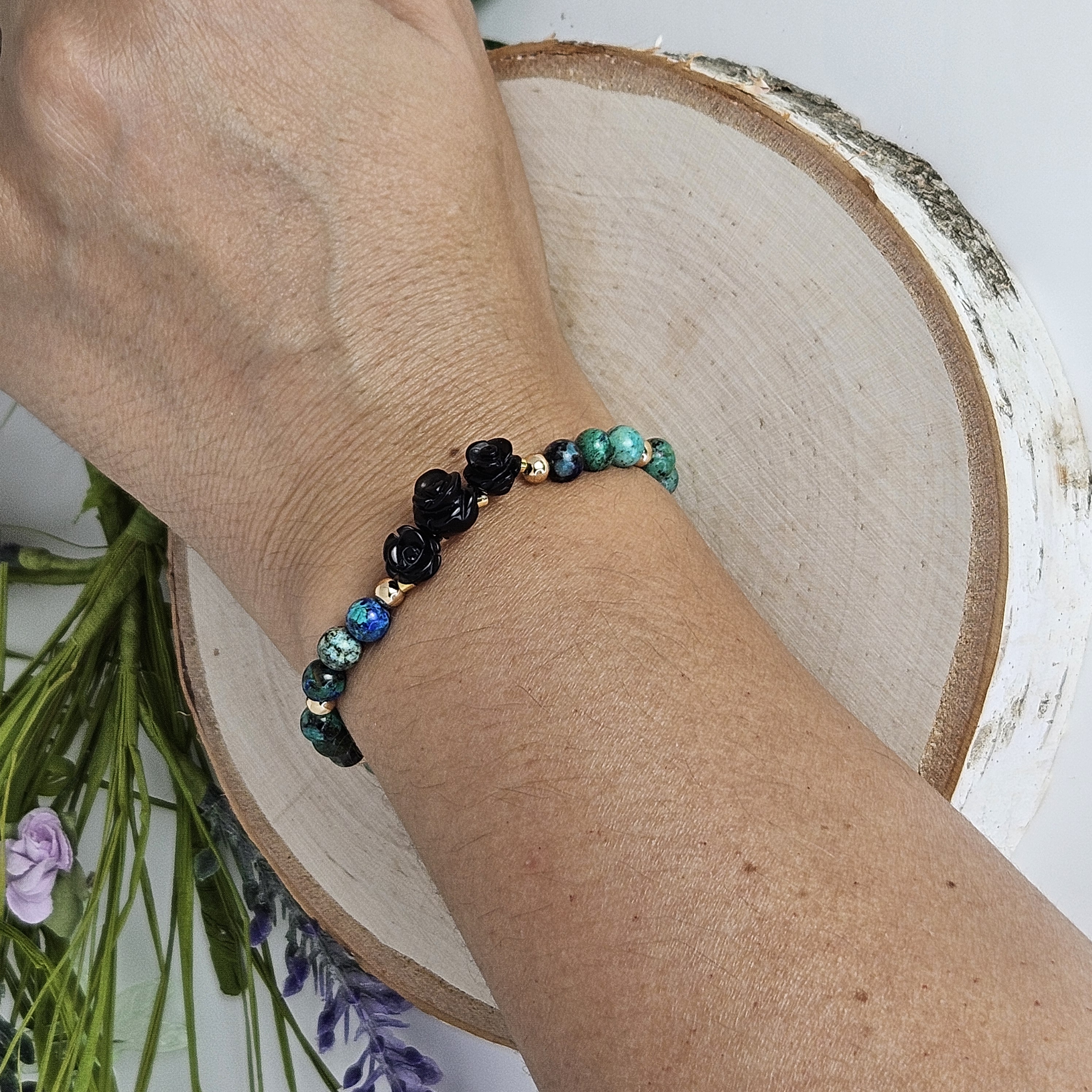 Small Black Agate Rose Azurite Malachite Chrysocolla Bracelet