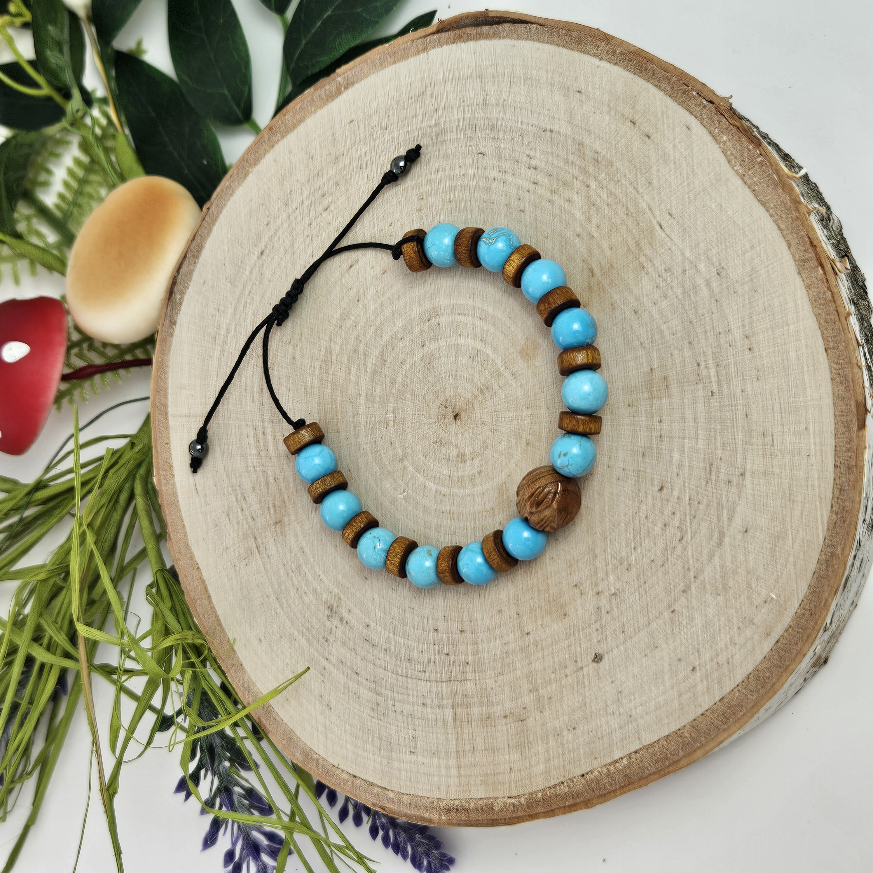 Carved Wooden Lotus and Blue Turquoise Bracelet