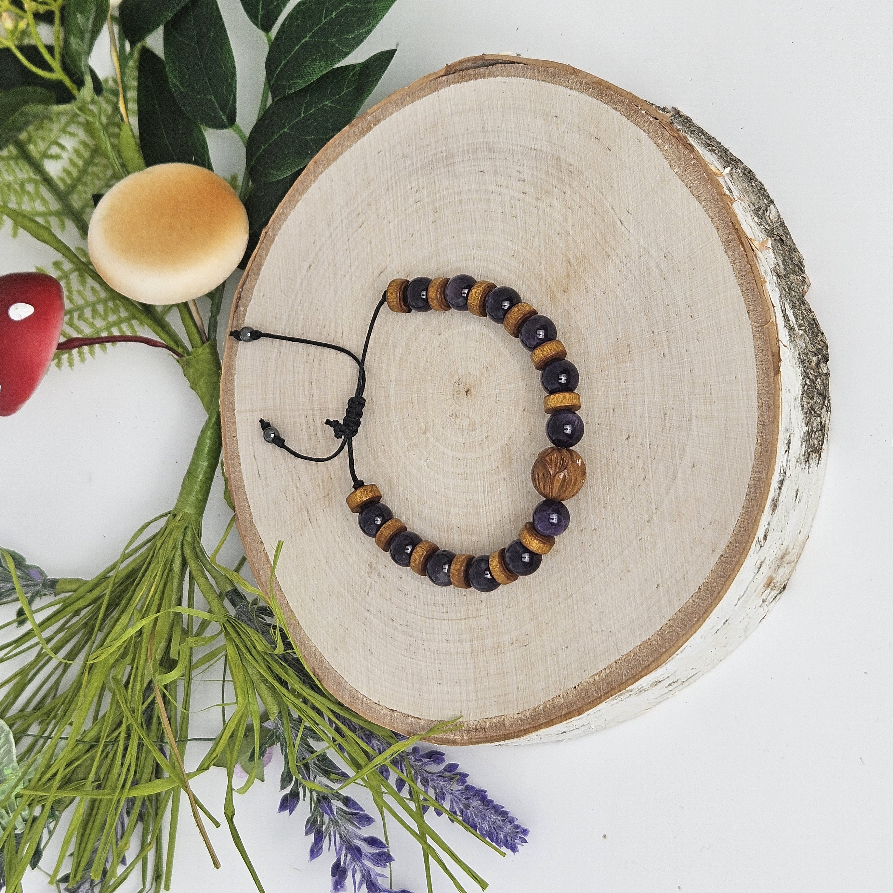 Carved Wooden Lotus and Amethyst Bracelet