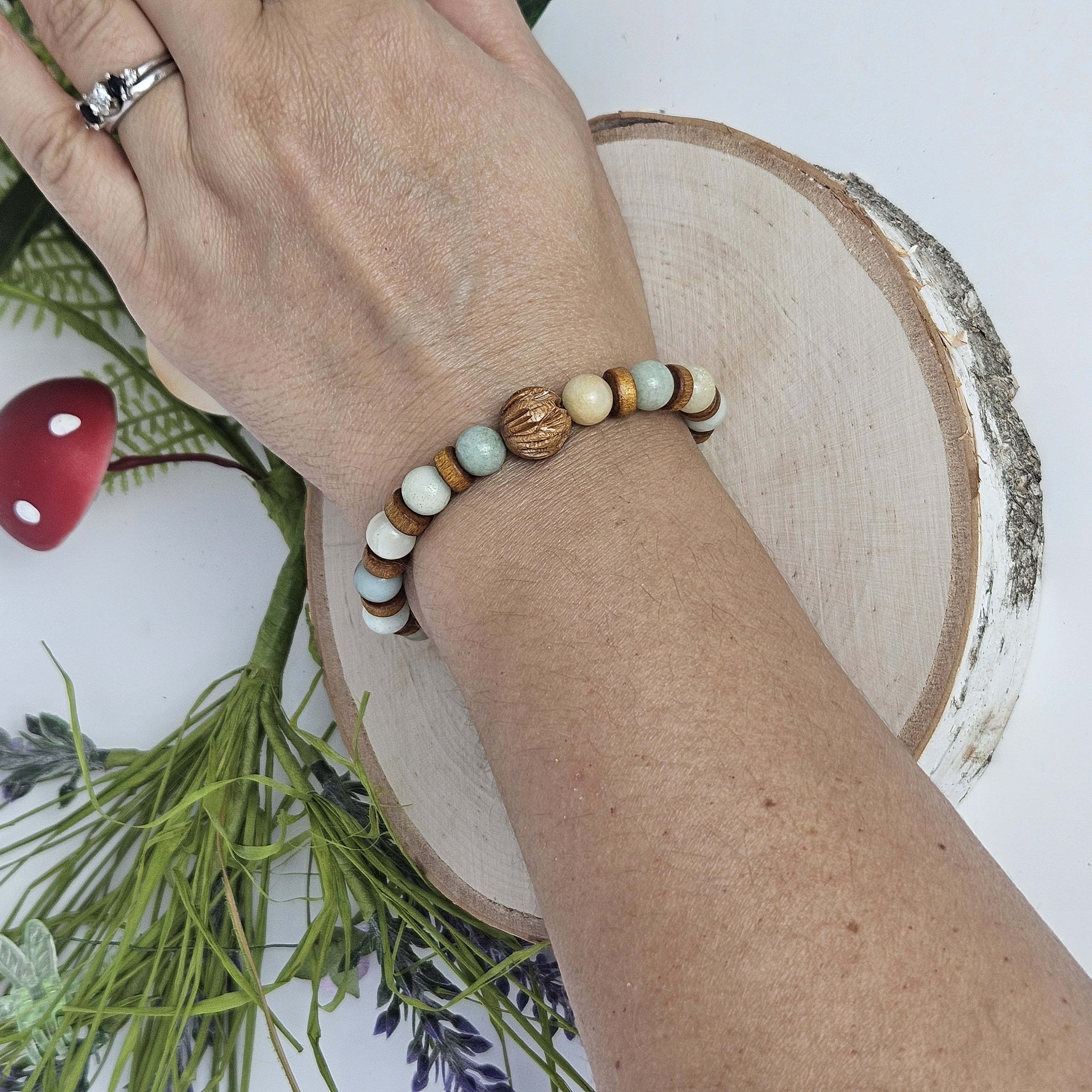 Carved Wooden Lotus and Amazonite Bracelet 