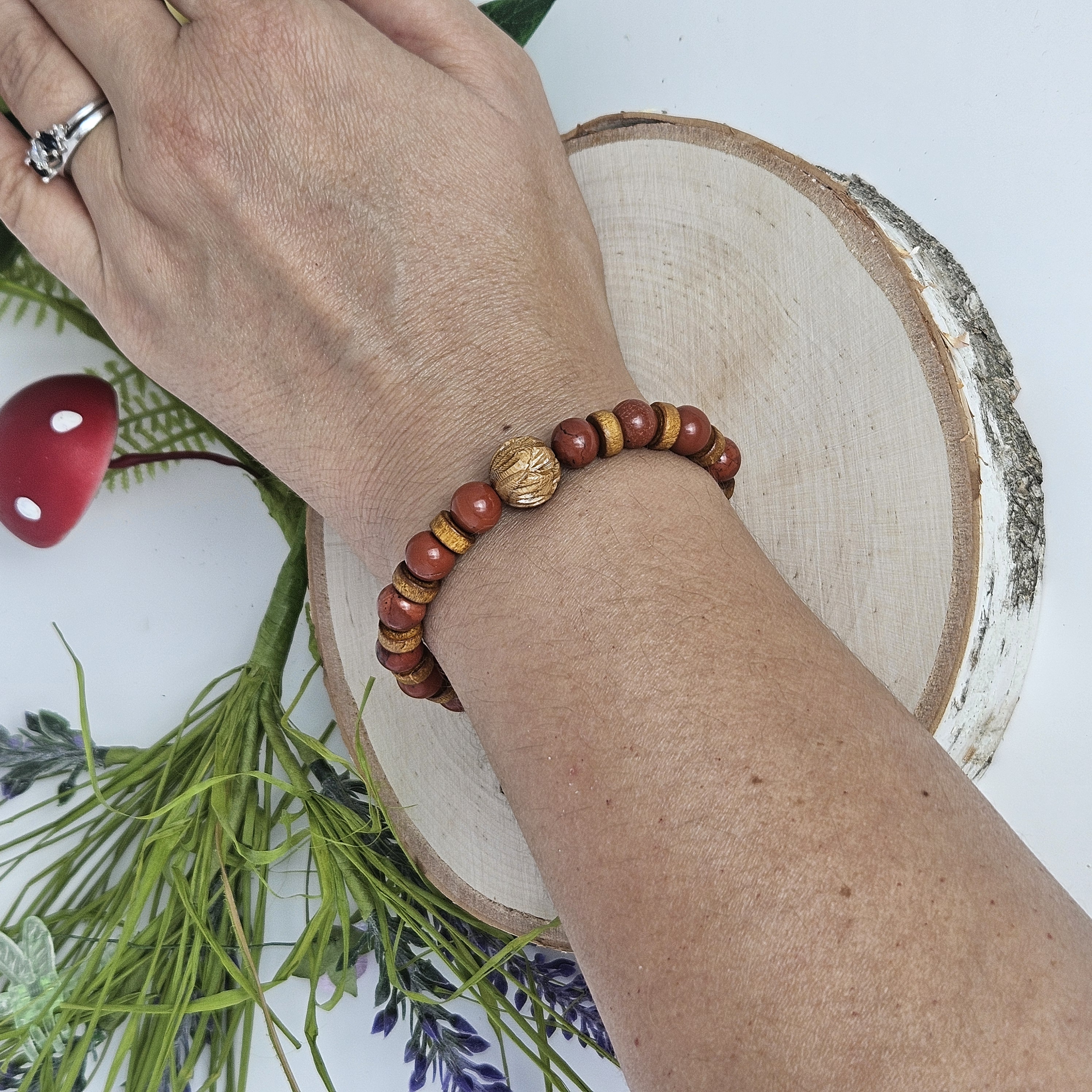 Carved Wooden Lotus and Red Jasper Bracelet