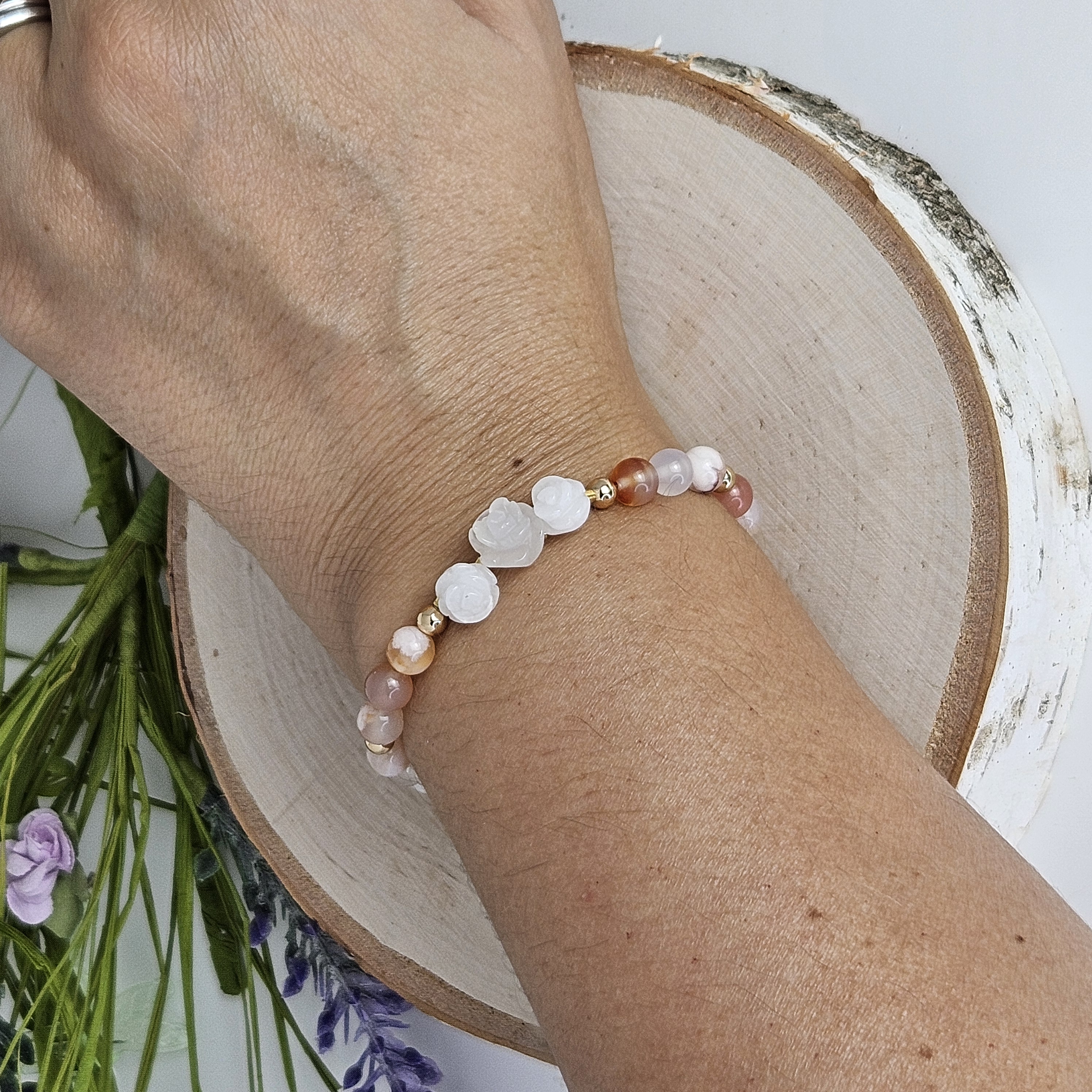 Small White Jade Rose Cherry Flower Sakura Agate Bracelet