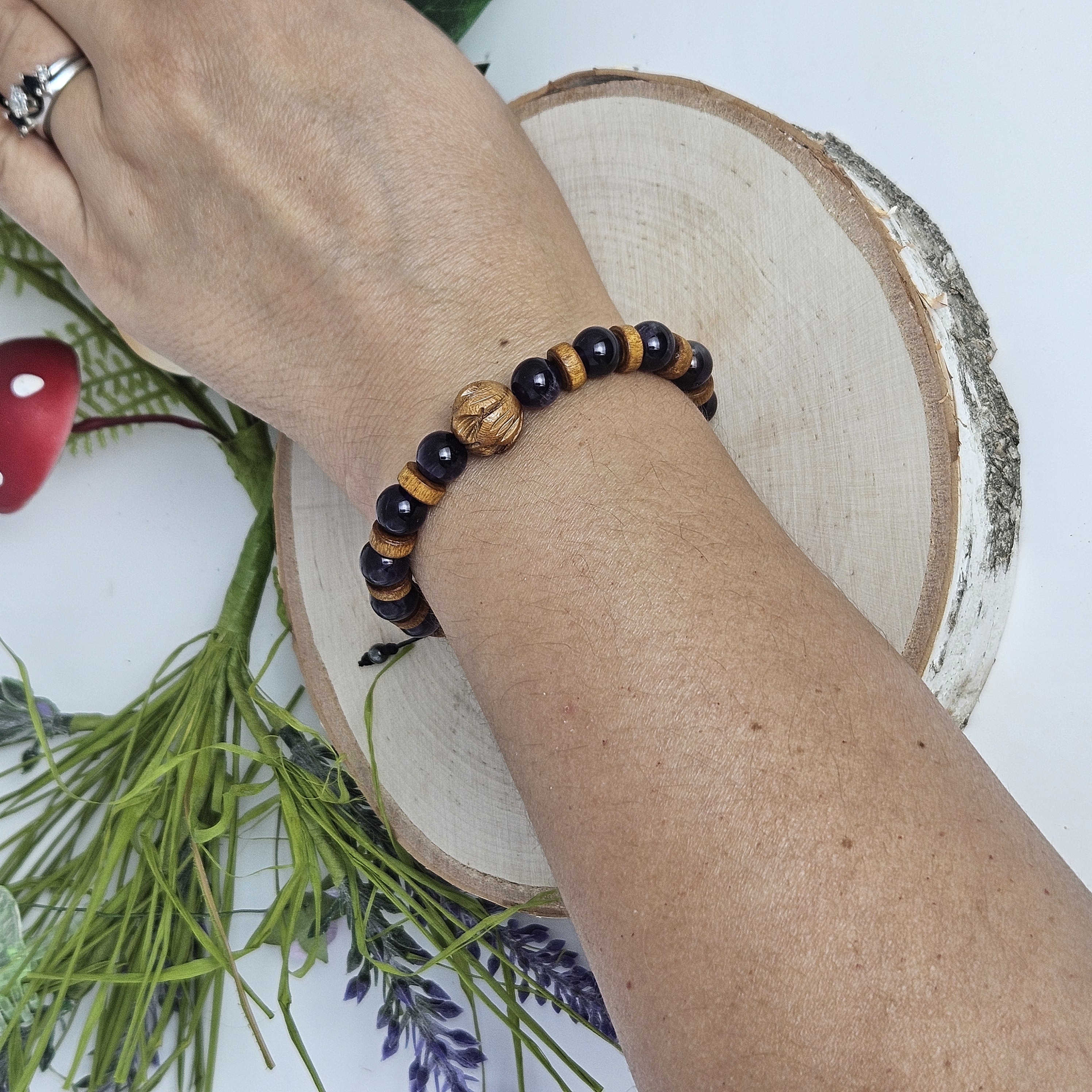 Carved Wooden Lotus and Amethyst Bracelet