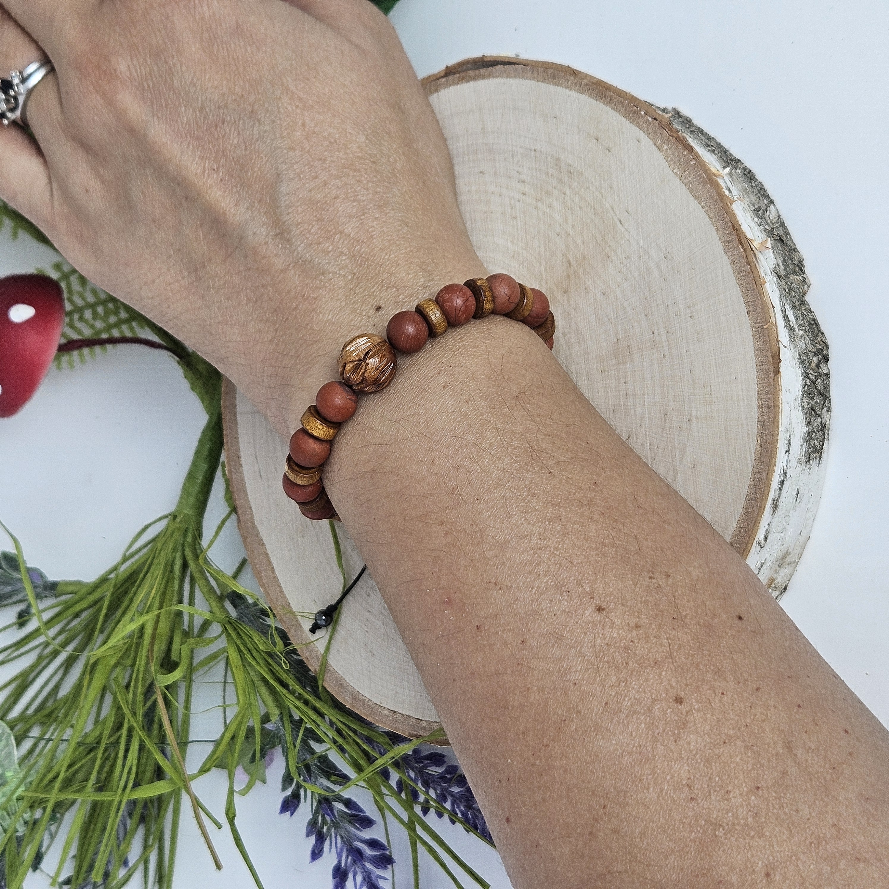 Carved Wooden Lotus and Matte Red Leopard Jasper Bracelet