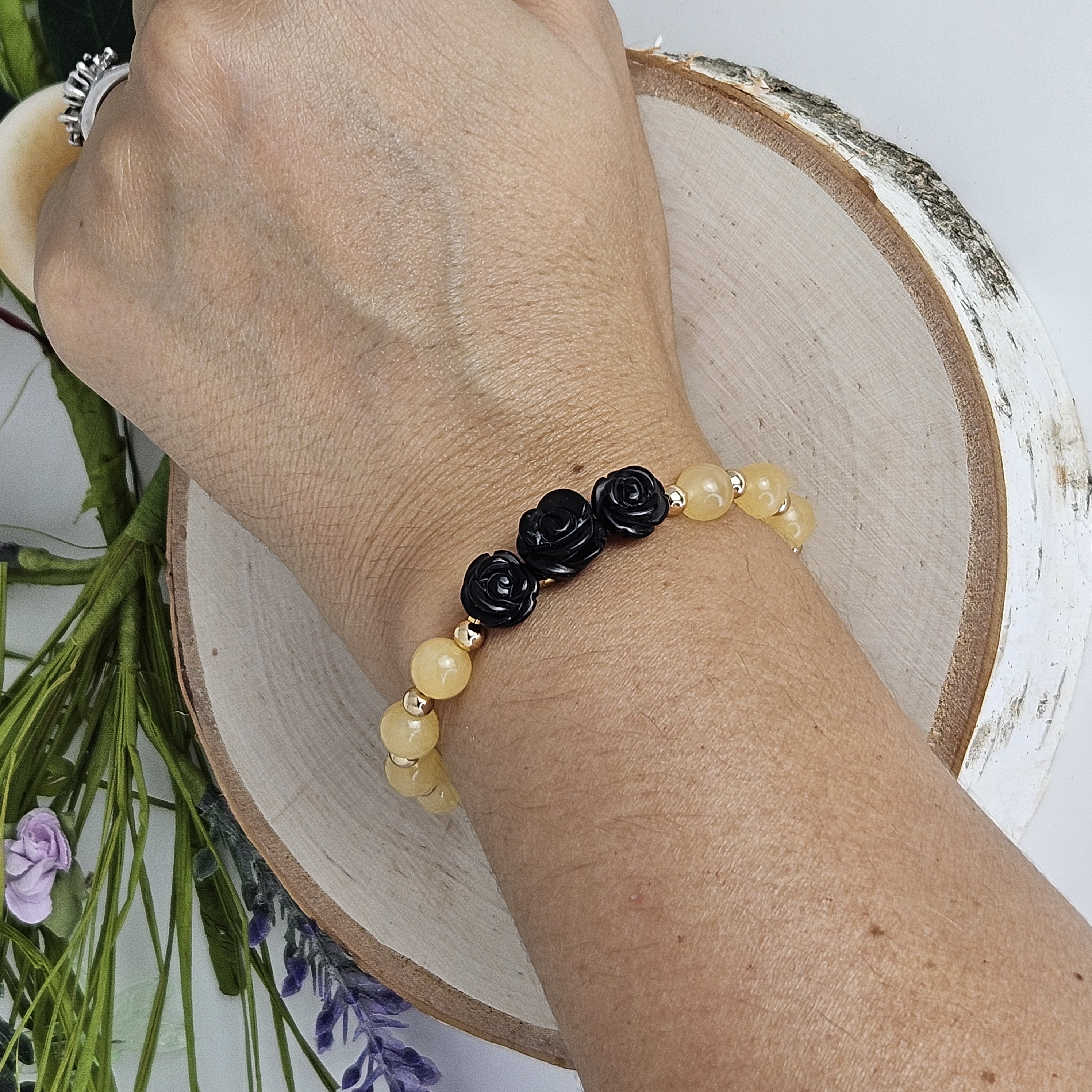 Large Black Agate Rose Yellow Jade Bracelet
