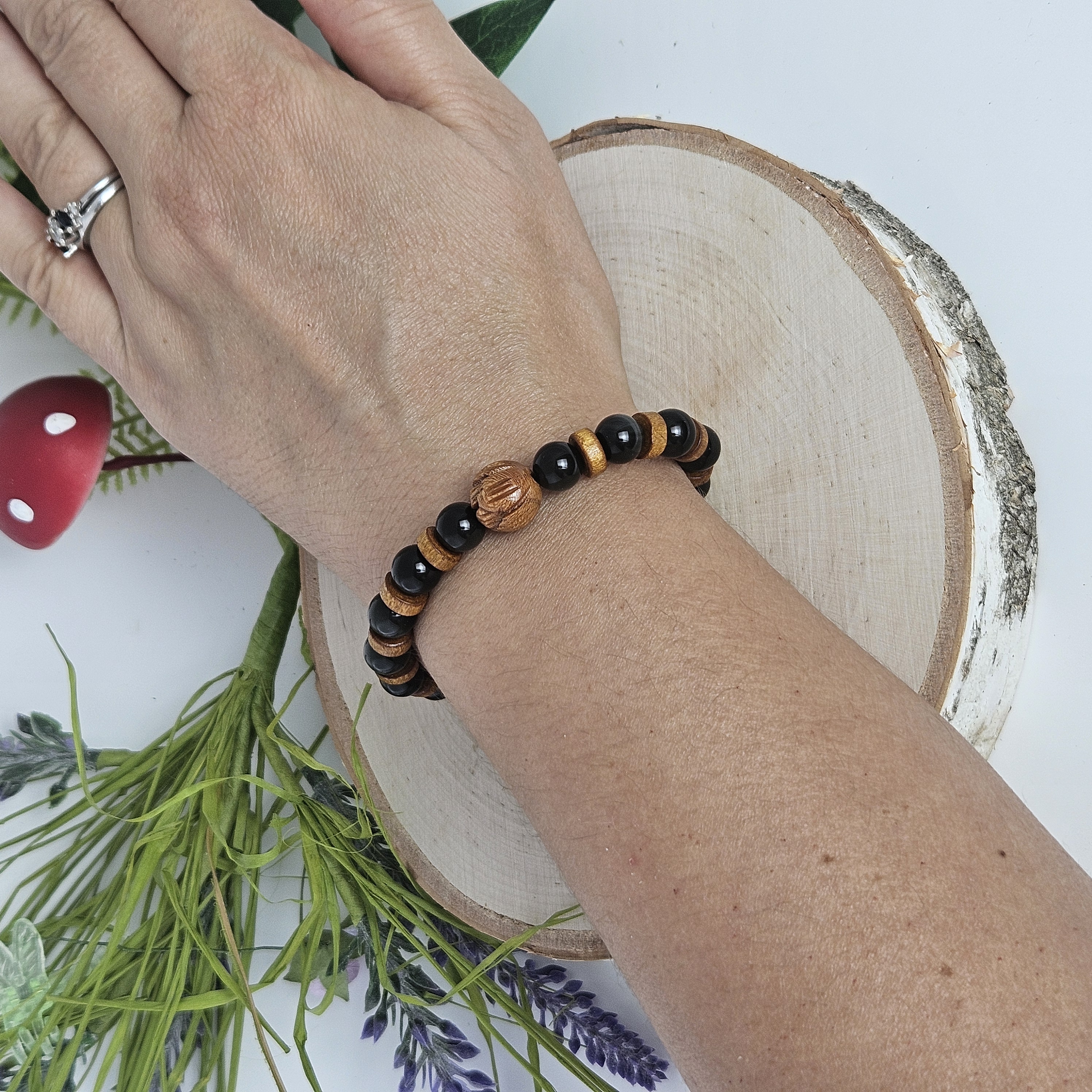 Carved Wooden Lotus Rainbow Black Obsidian Bracelet