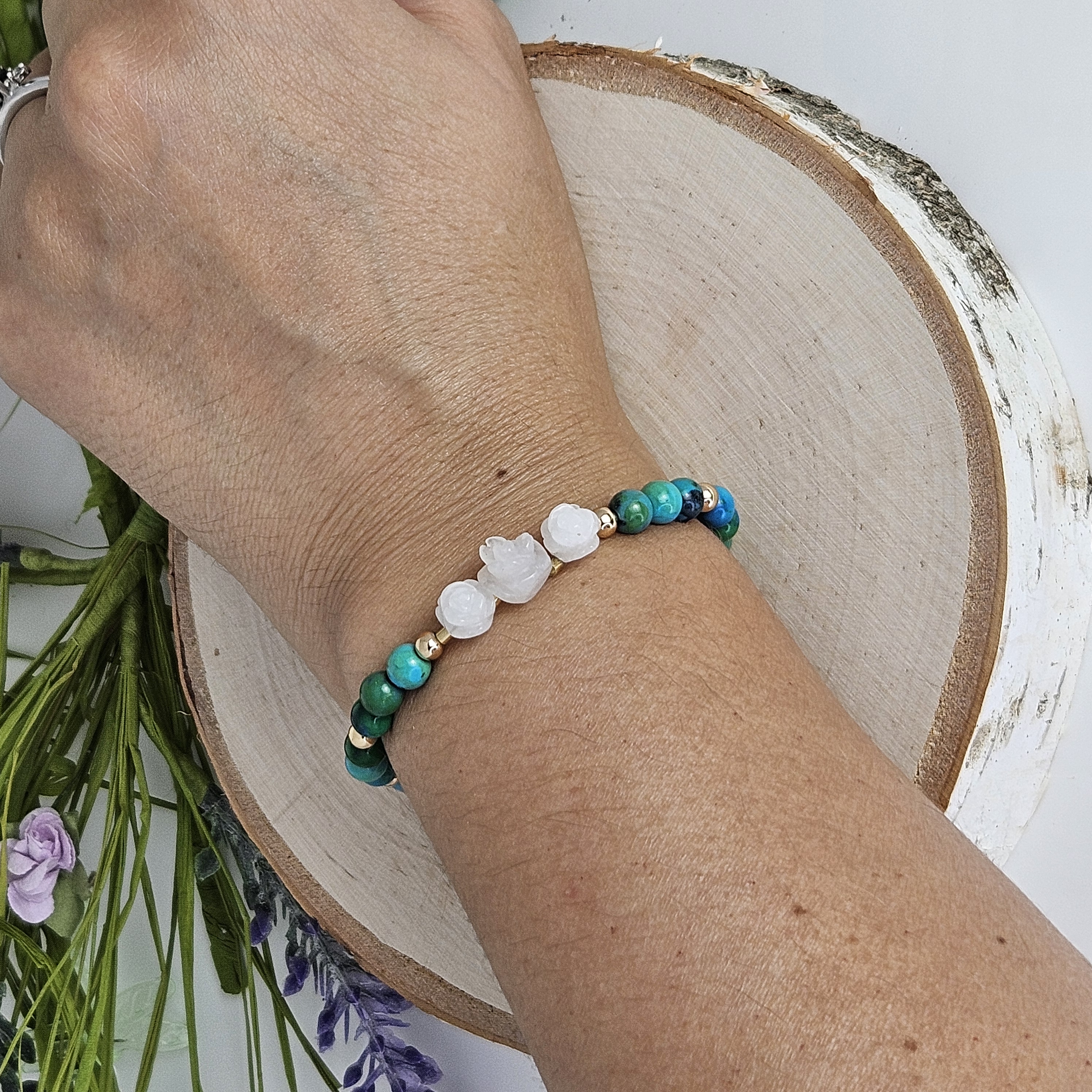 Small White Jade Rose Azurite Bracelet