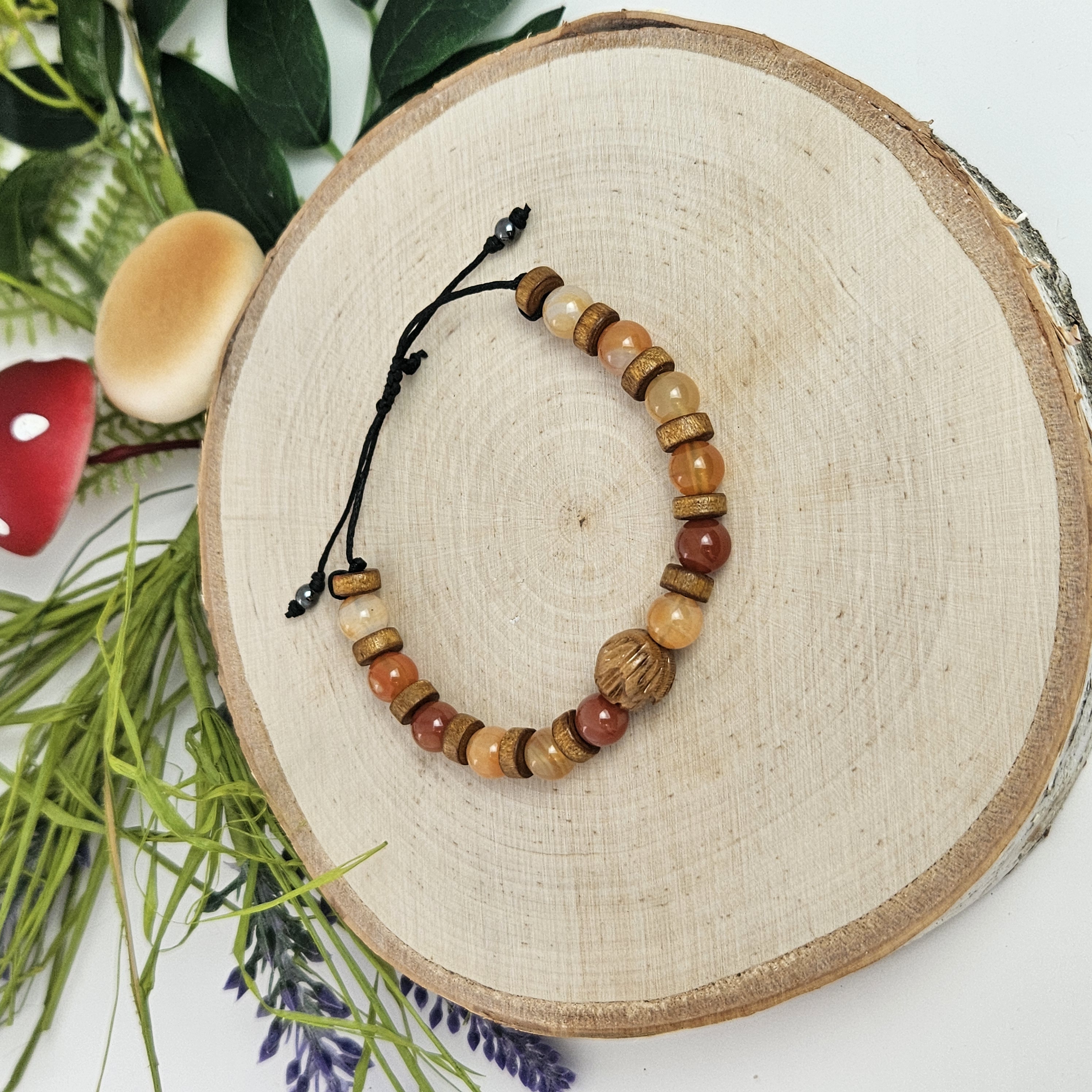 Carved Wooden Lotus and Carnelian Bracelet