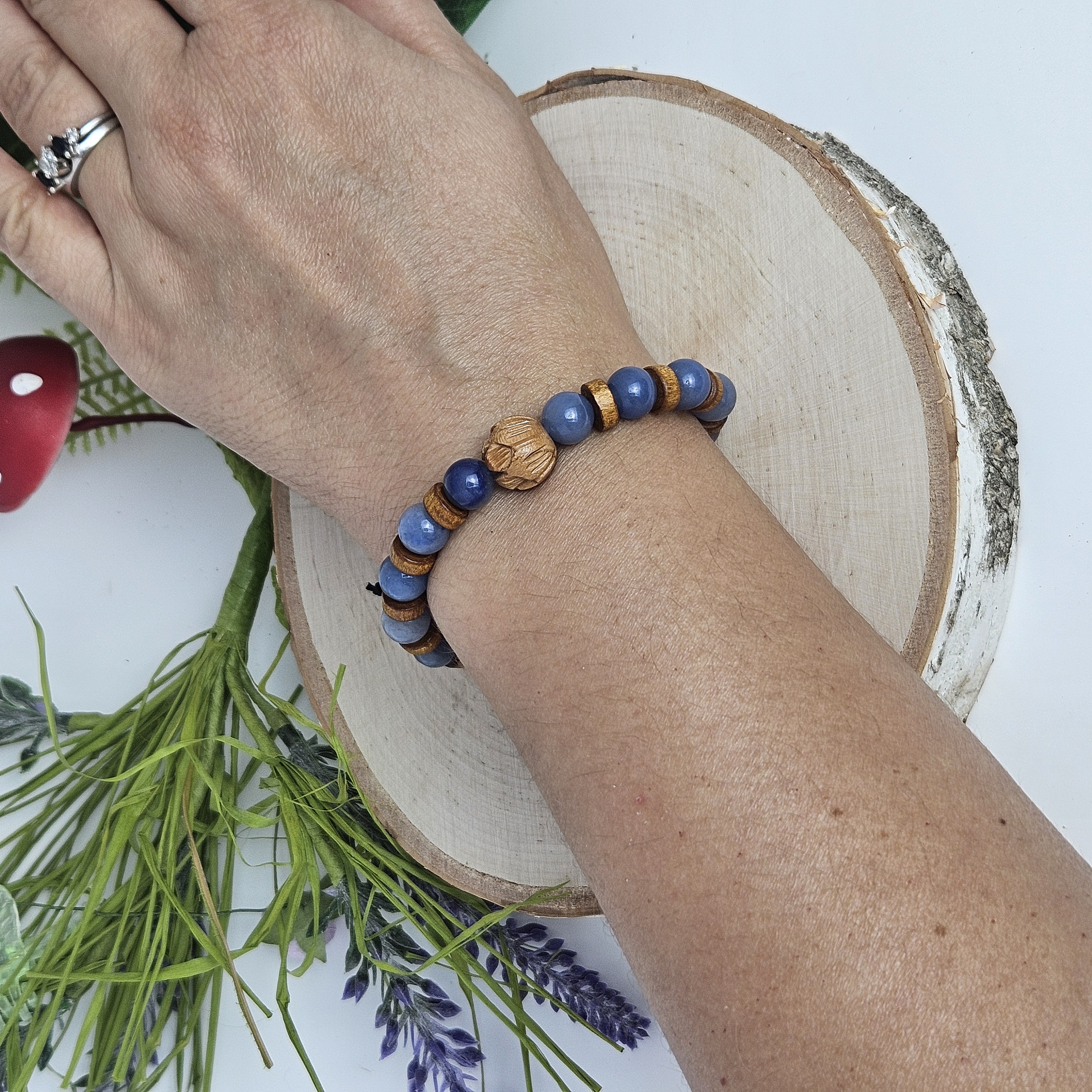 Carved Wooden Lotus and Blue Aventurine Bracelet