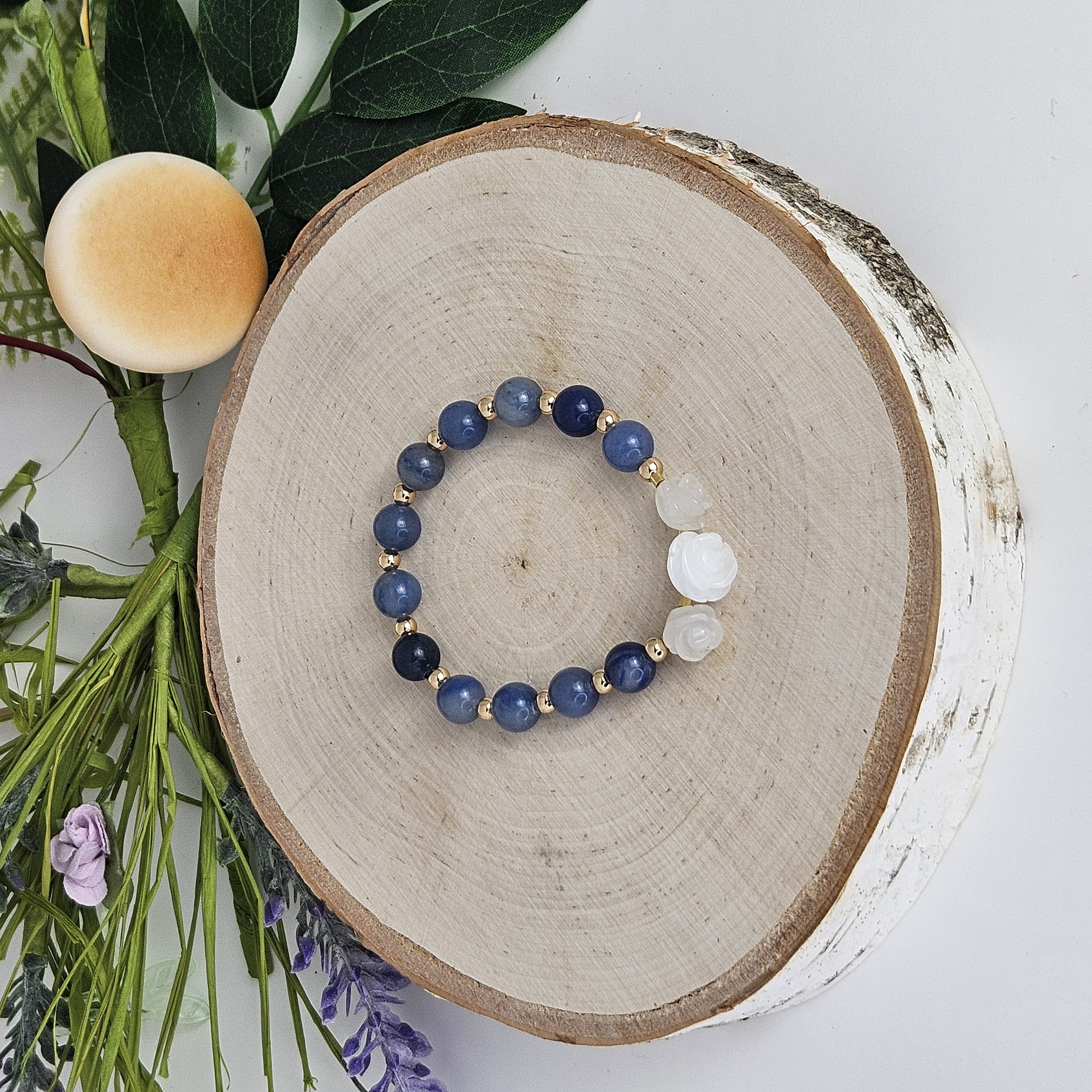 Large White Jade Rose Blue Aventurine Bracelet