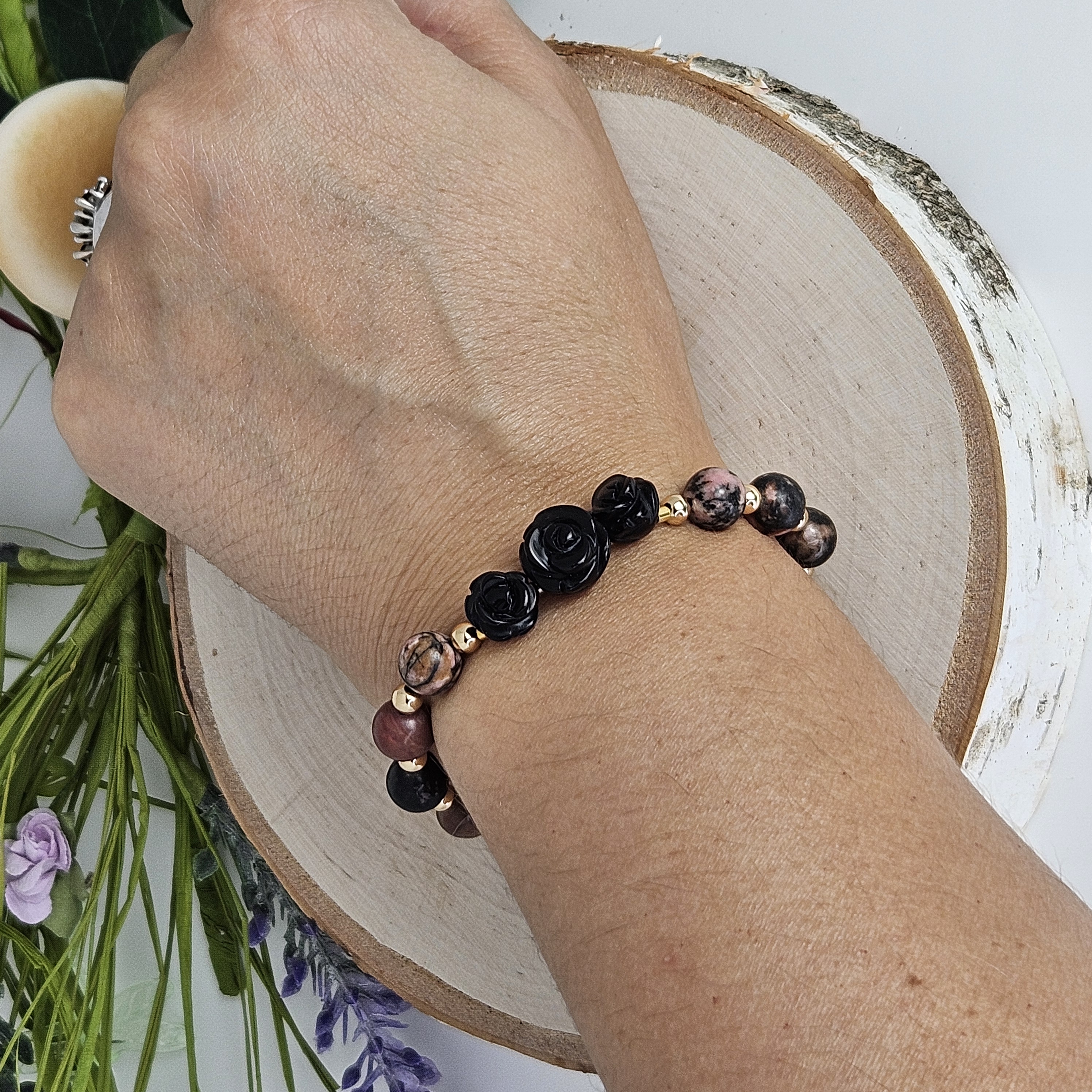 Large Black Agate Rose Red Black Rhodonite Bracelet