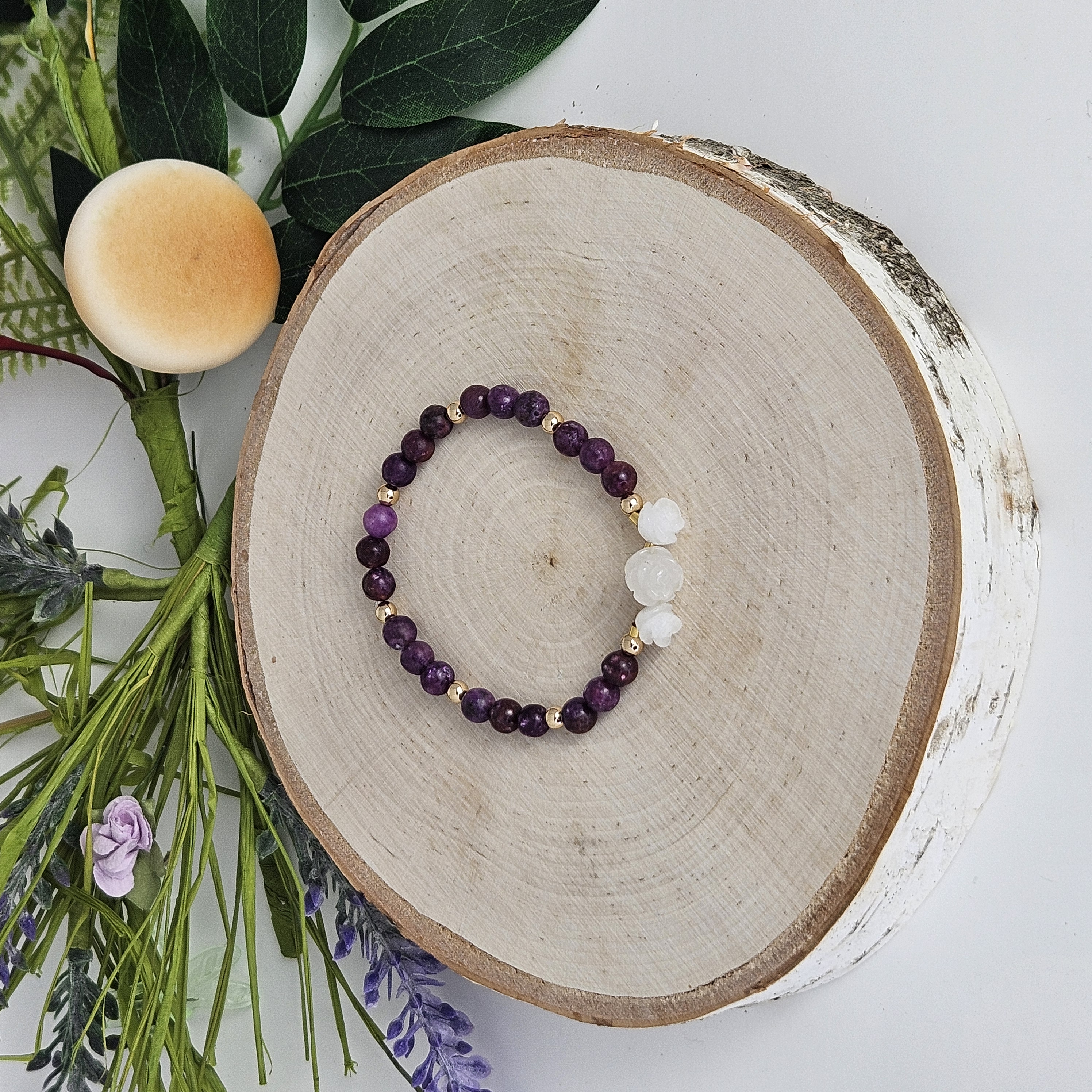 Small White Jade Rose Dark Lepidolite Bracelet