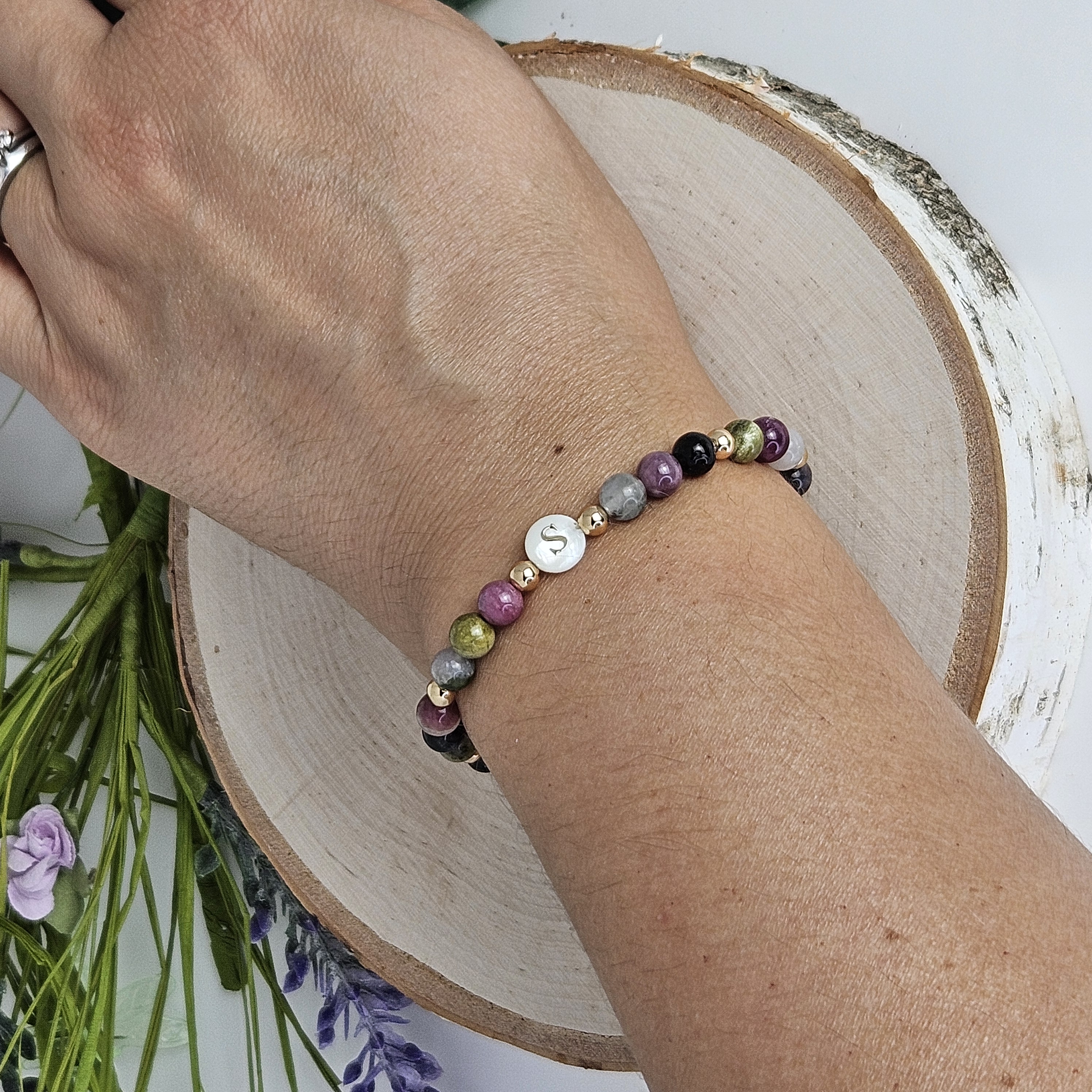 Custom Gemstone and Freshwater Shell Letter Bracelet