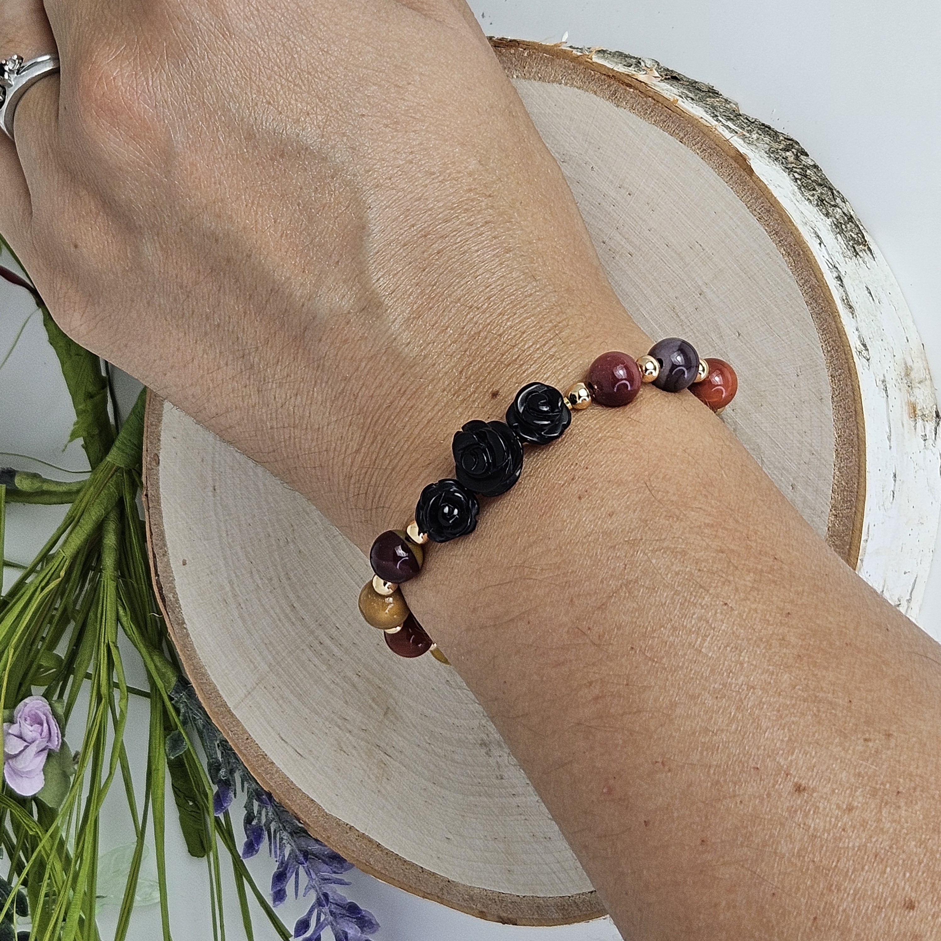 Large Black Agate Rose Mookaite Bracelet