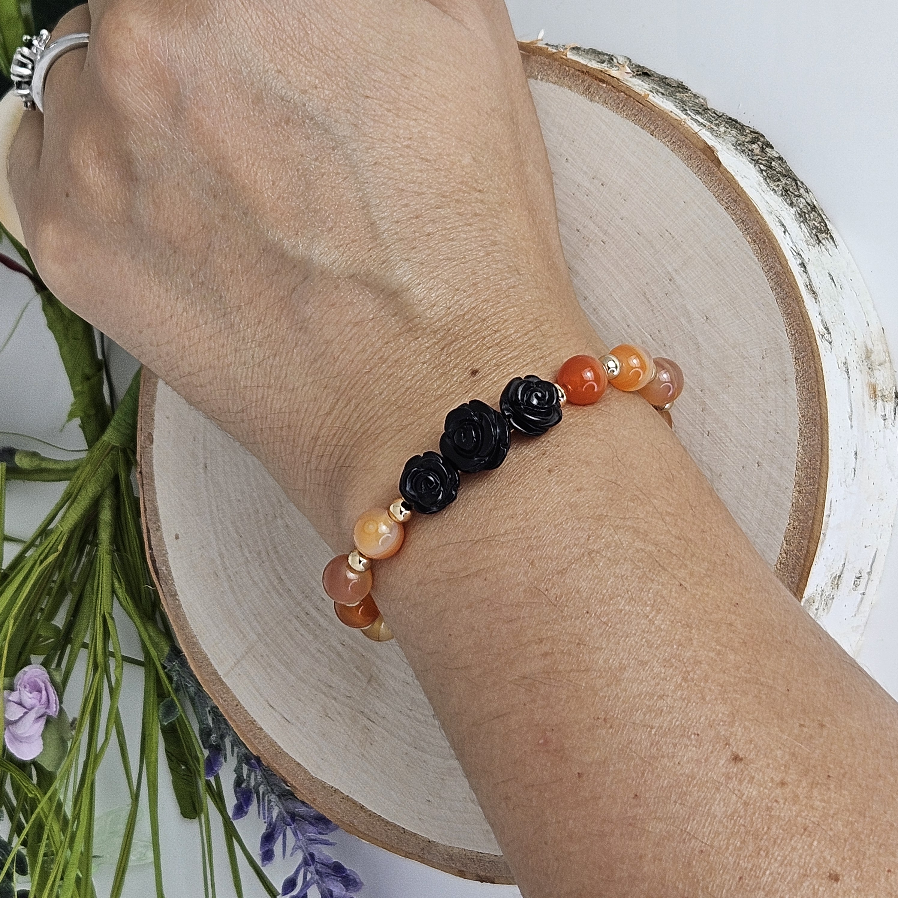 Large Black Agate Rose Carnelian Bracelet
