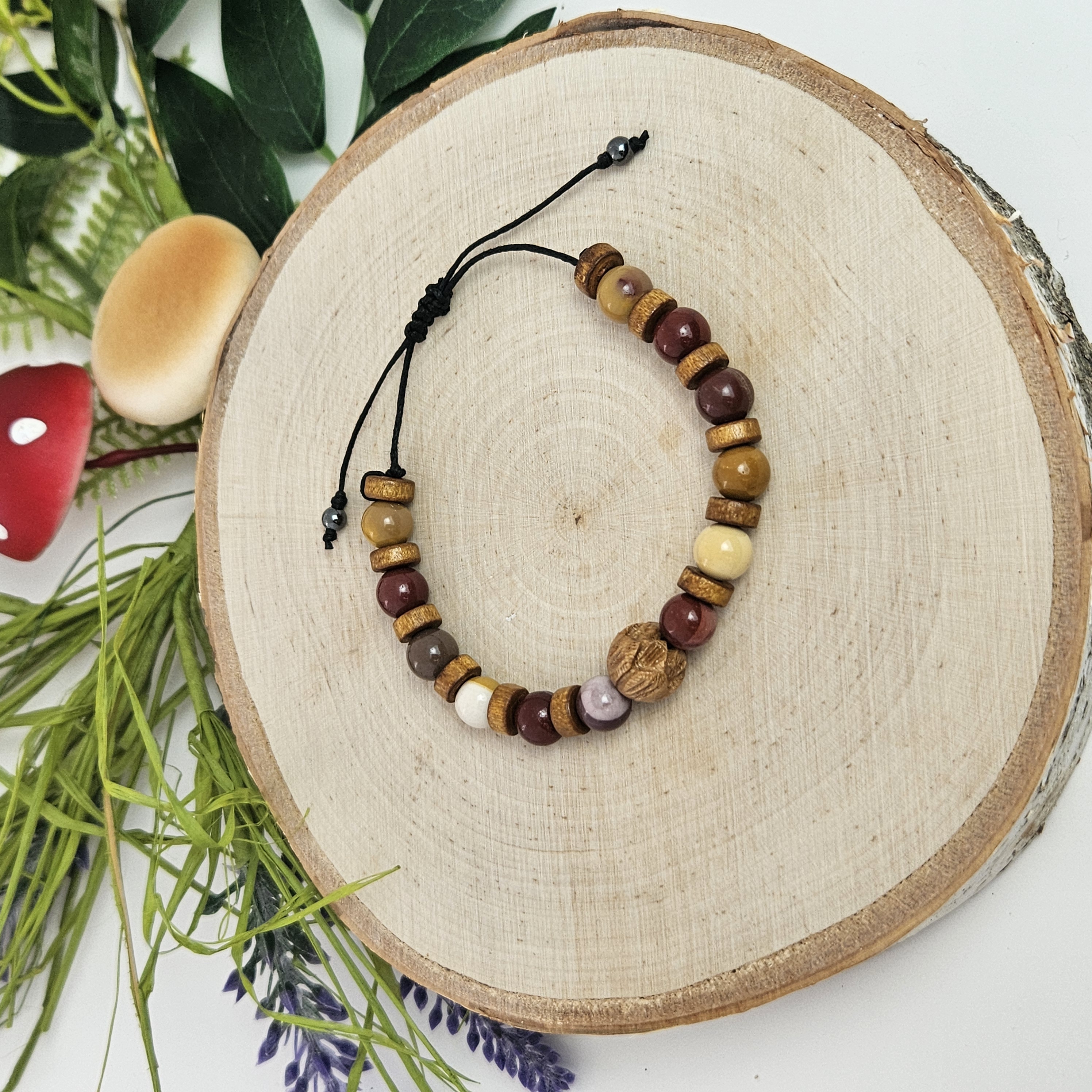 Carved Wooden Lotus and Mookaite Bracelet