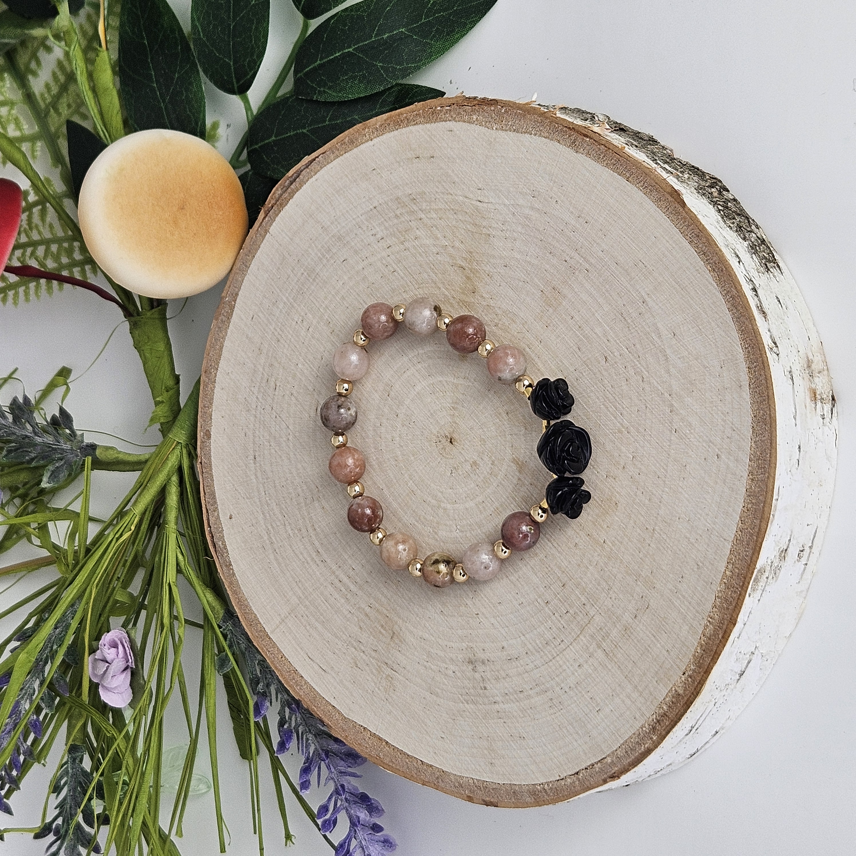 Large Black Agate Rose Plum Blossom Jasper Bracelet
