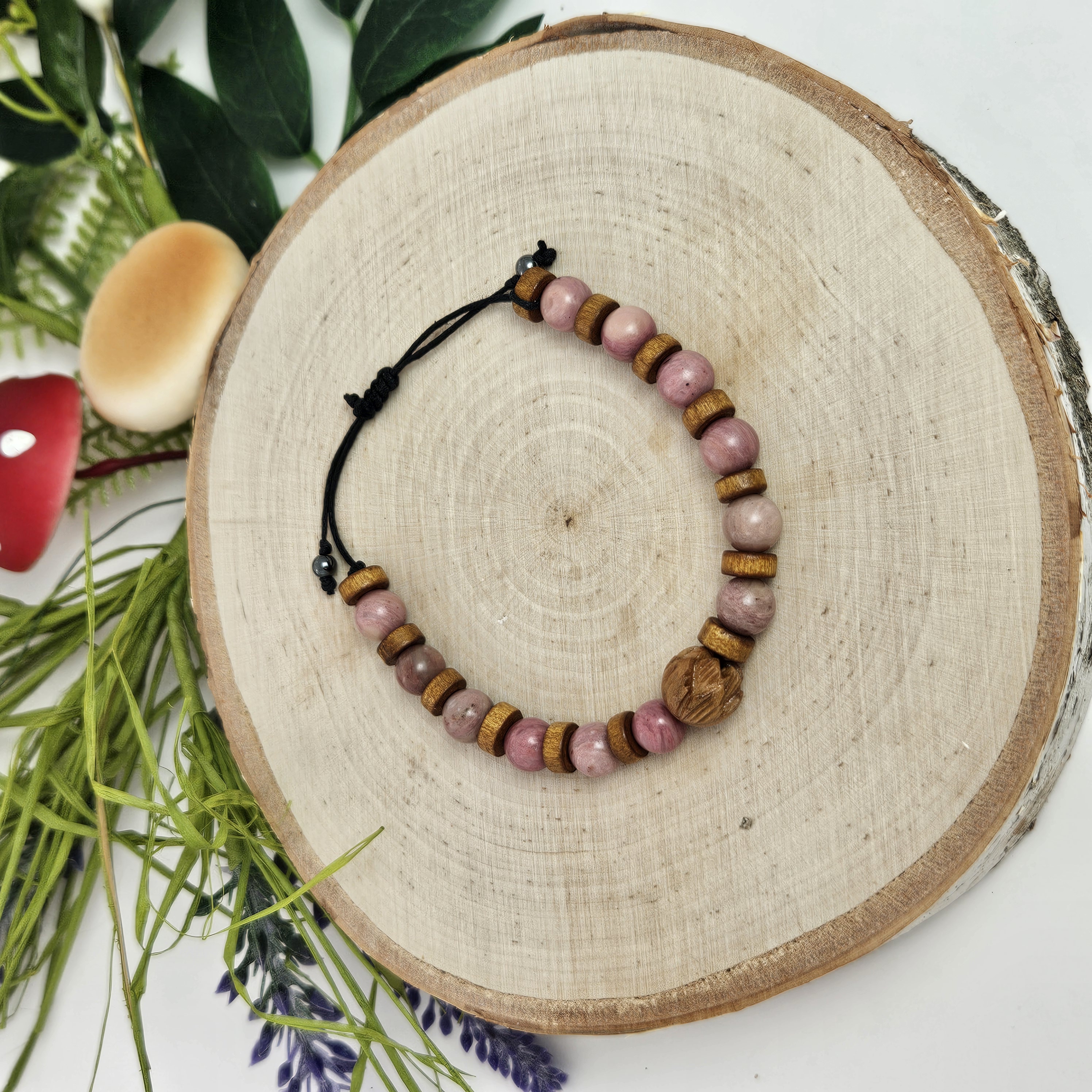 Carved Wooden Lotus and Rhodonite Bracelet