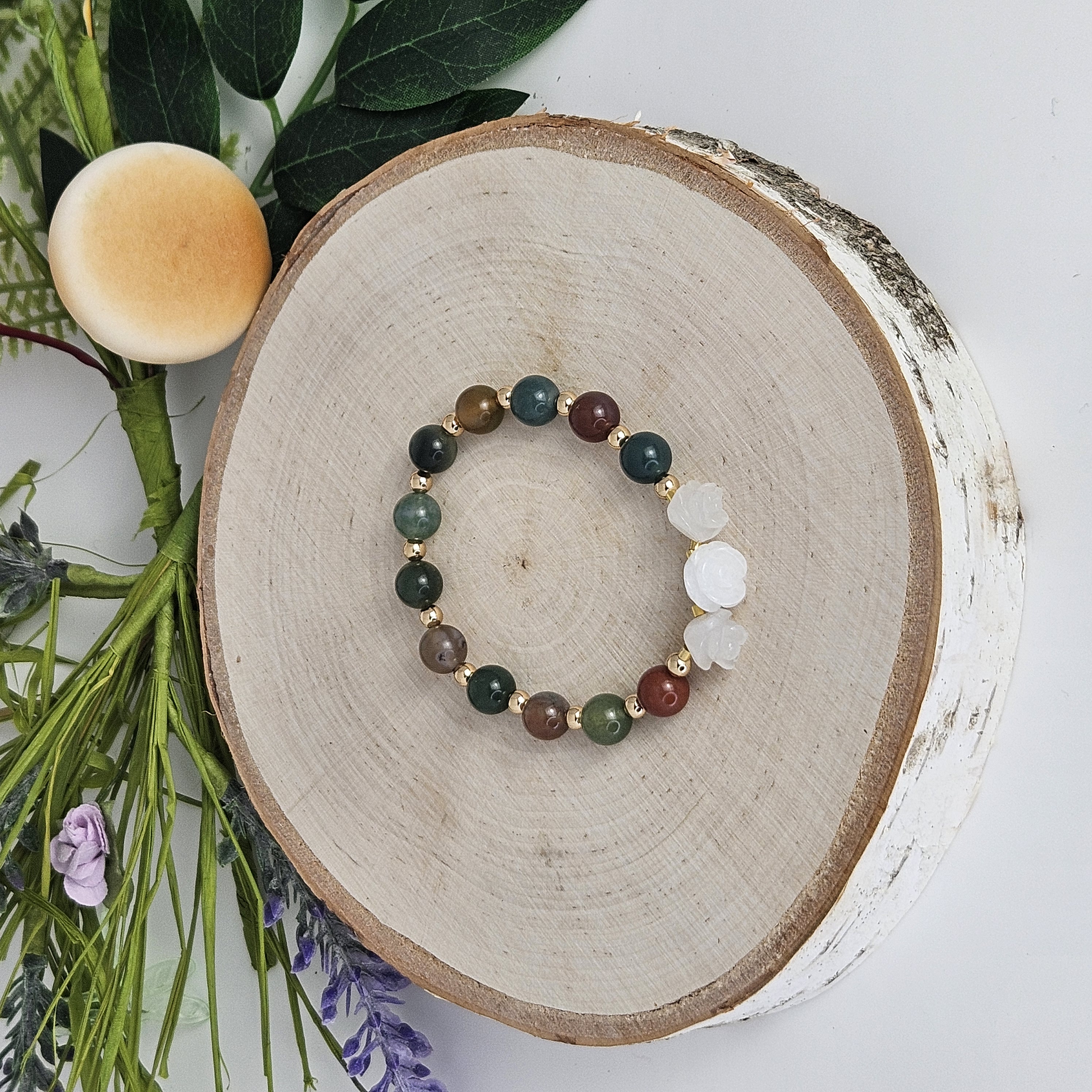 Large White Rose Jade Indian Agate Bracelet