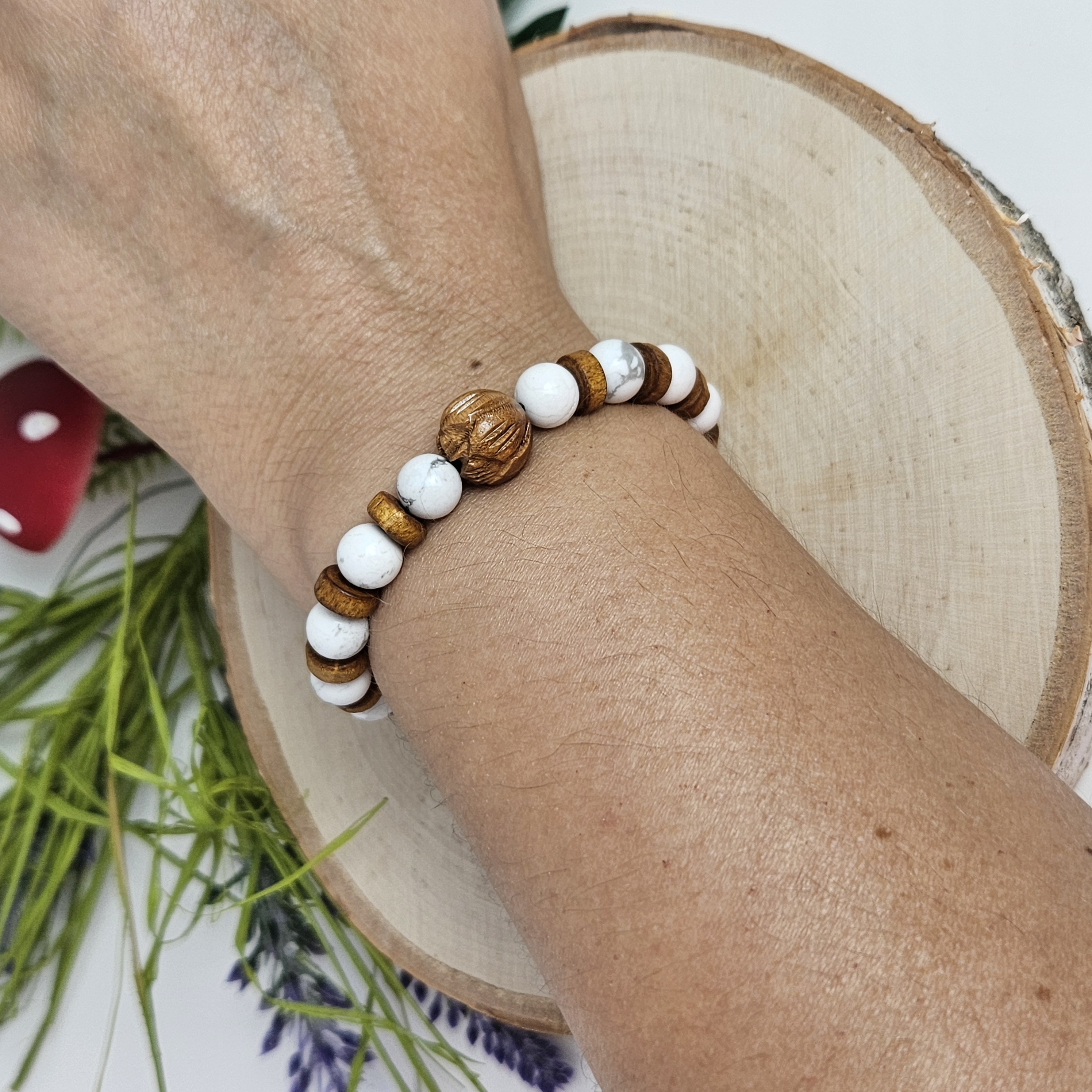 Carved Wooden Lotus and White Howlite Bracelet