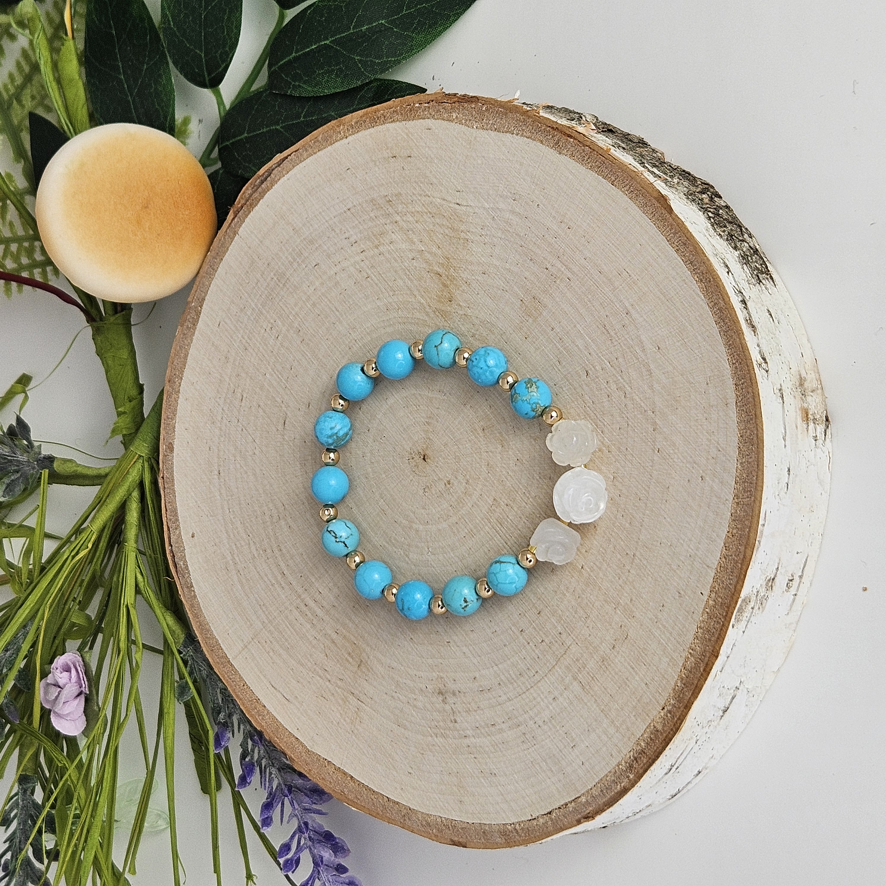 Large White Jade Rose Blue Turquoise Bracelet
