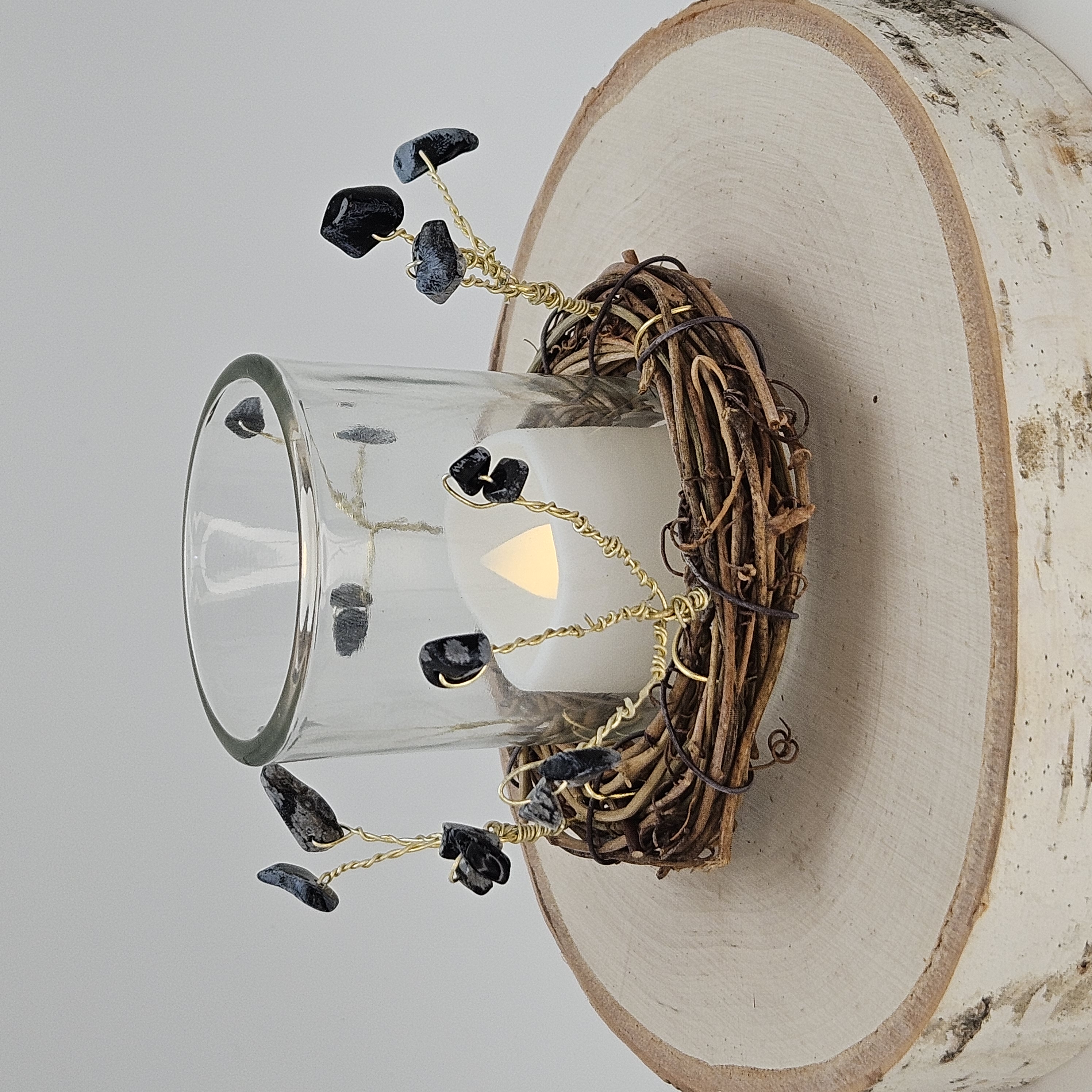 Glass Votive Nest LED Candle Holder with Gold Crystal Branches