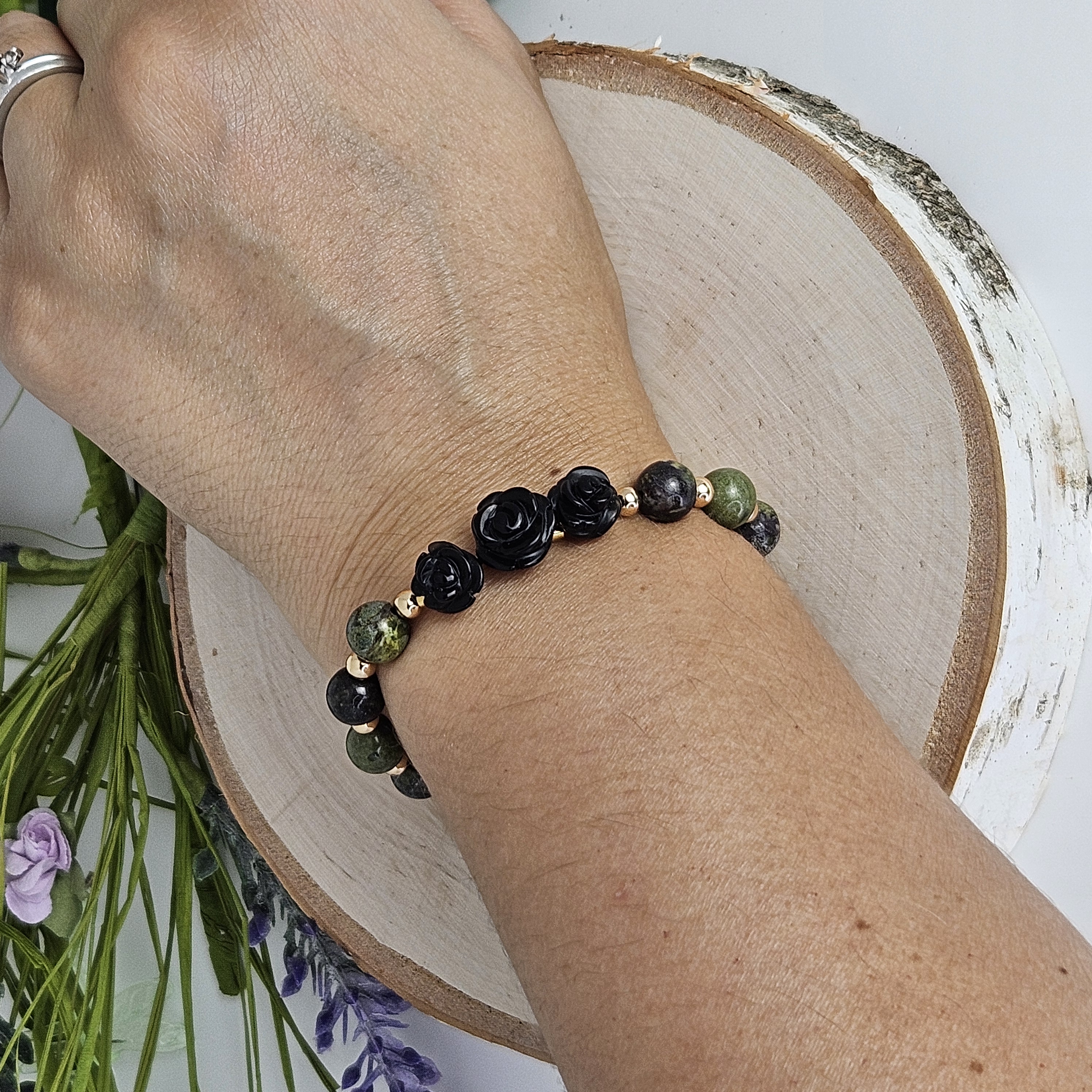 Large Black Agate Rose Dragon's Blood Bracelet