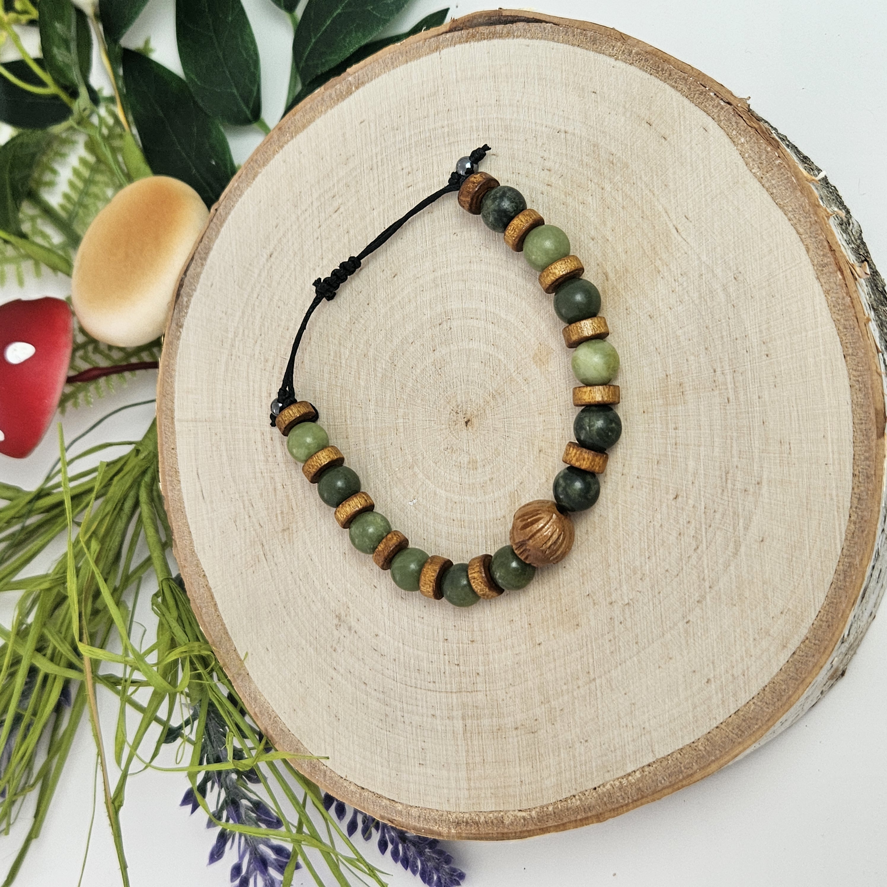 Carved Wooden Lotus and Canadian Green Jade Bracelet