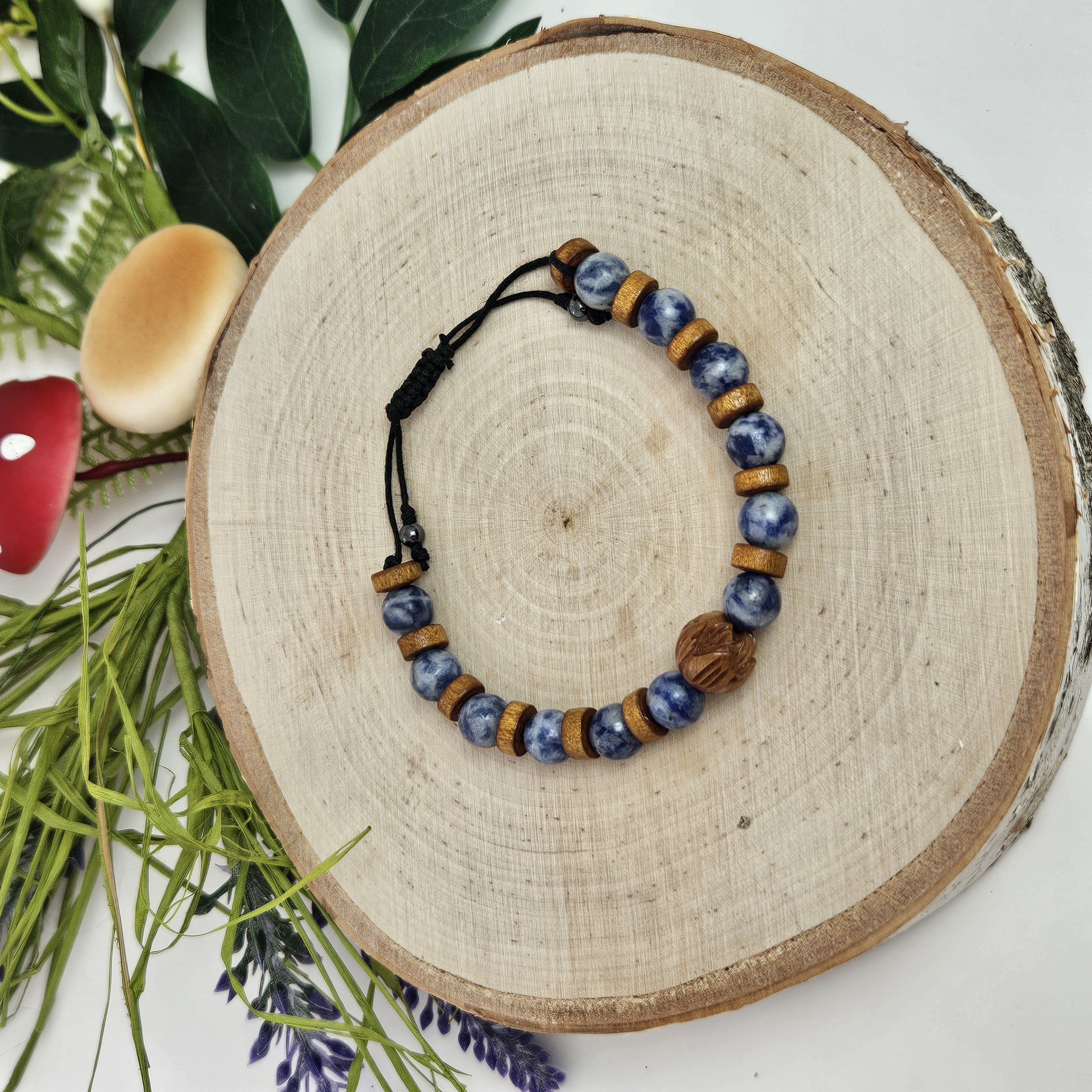 Carved Wooden Lotus and Blue Dot Jasper Bracelet