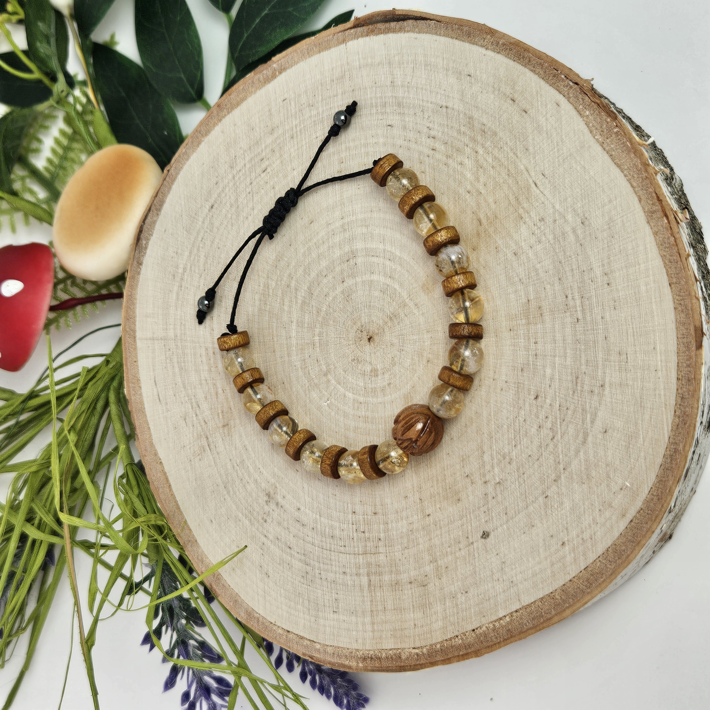 Carved Wooden Lotus and Natural Citrine Bracelet