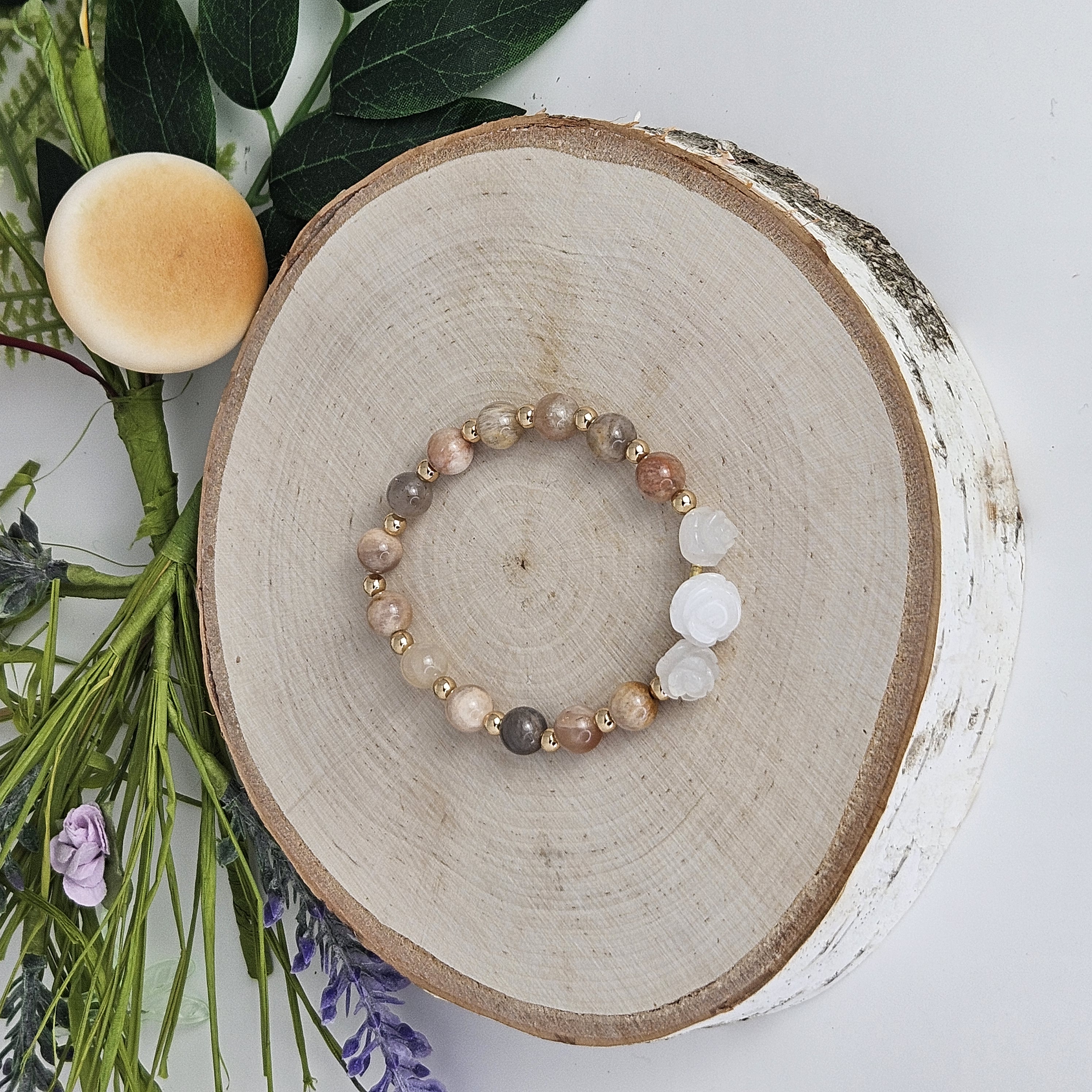 Large White Jade Rose Sunstone Bracelet