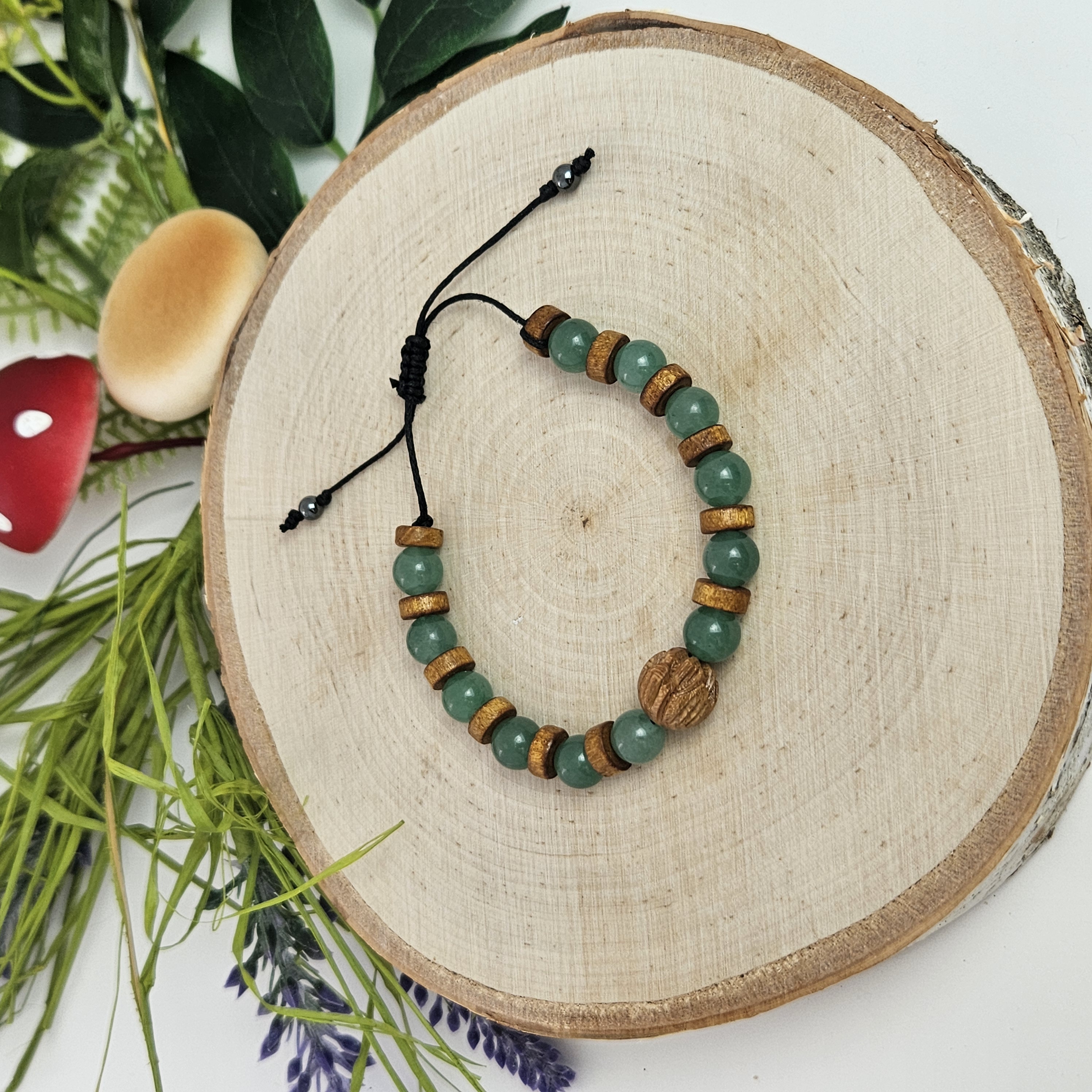 Carved Wooden Lotus and Green Aventurine Bracelet