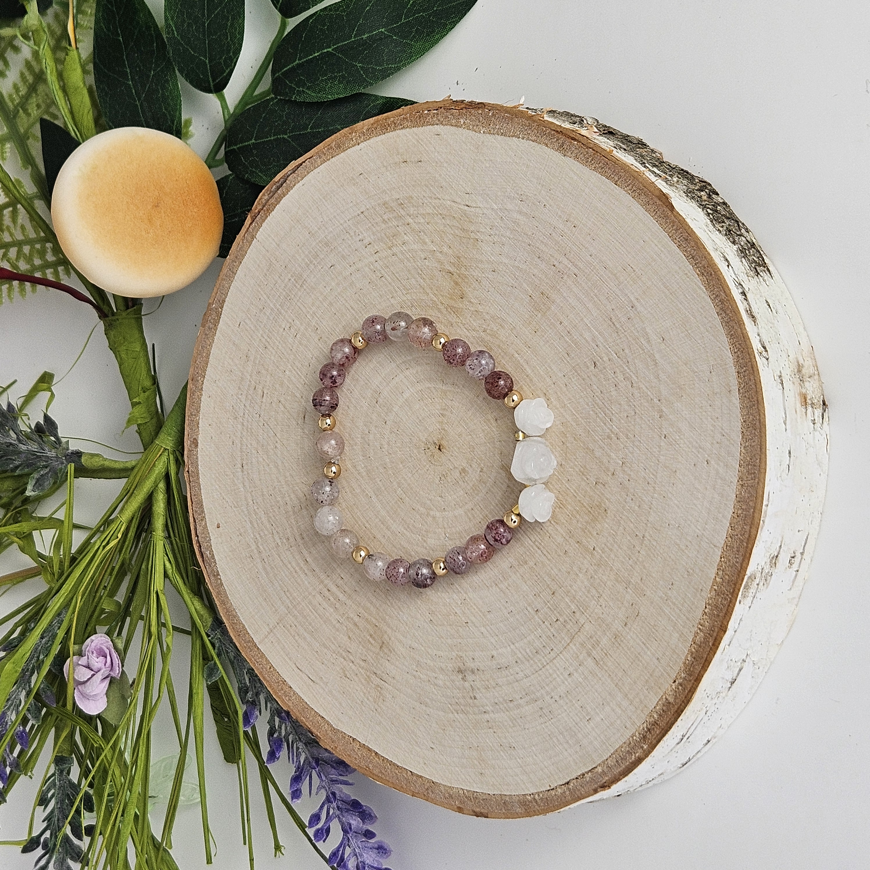 Small White Jade Rose Strawberry Quartz Bracelet