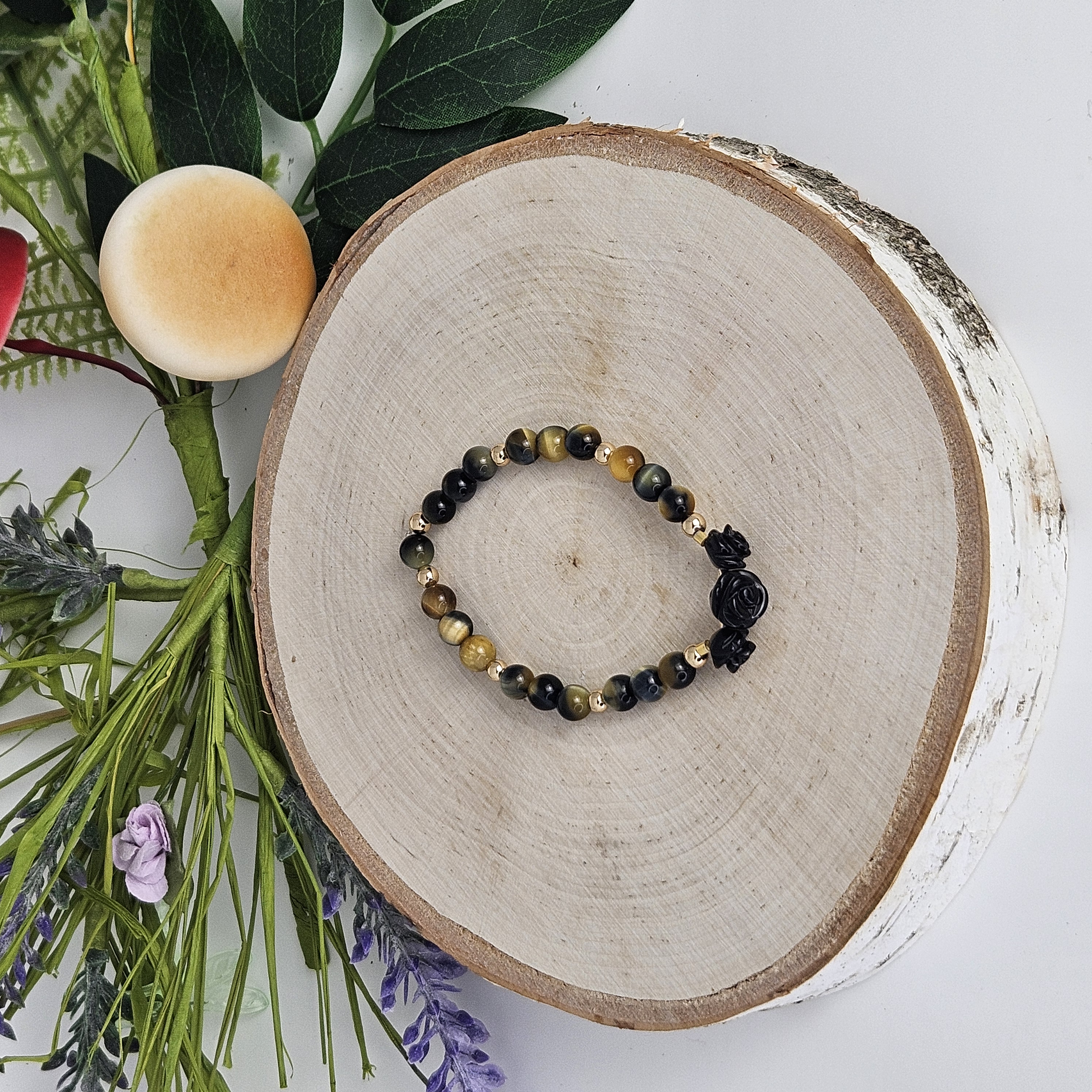 Small Black Agate Rose Golden Blue Tiger's Eye Bracelet