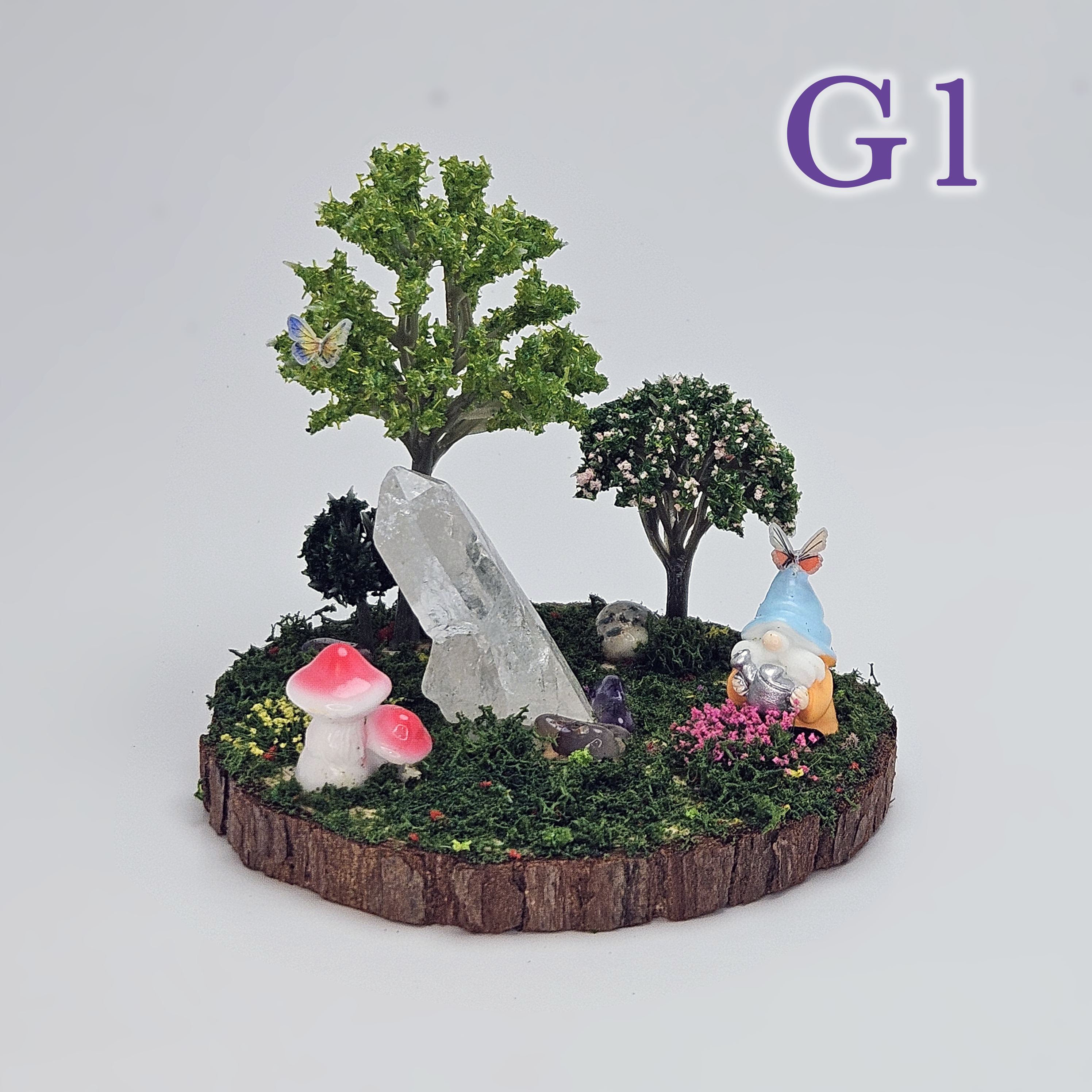 Magical Gnome Forest Miniature with A-Grade Clear Quartz