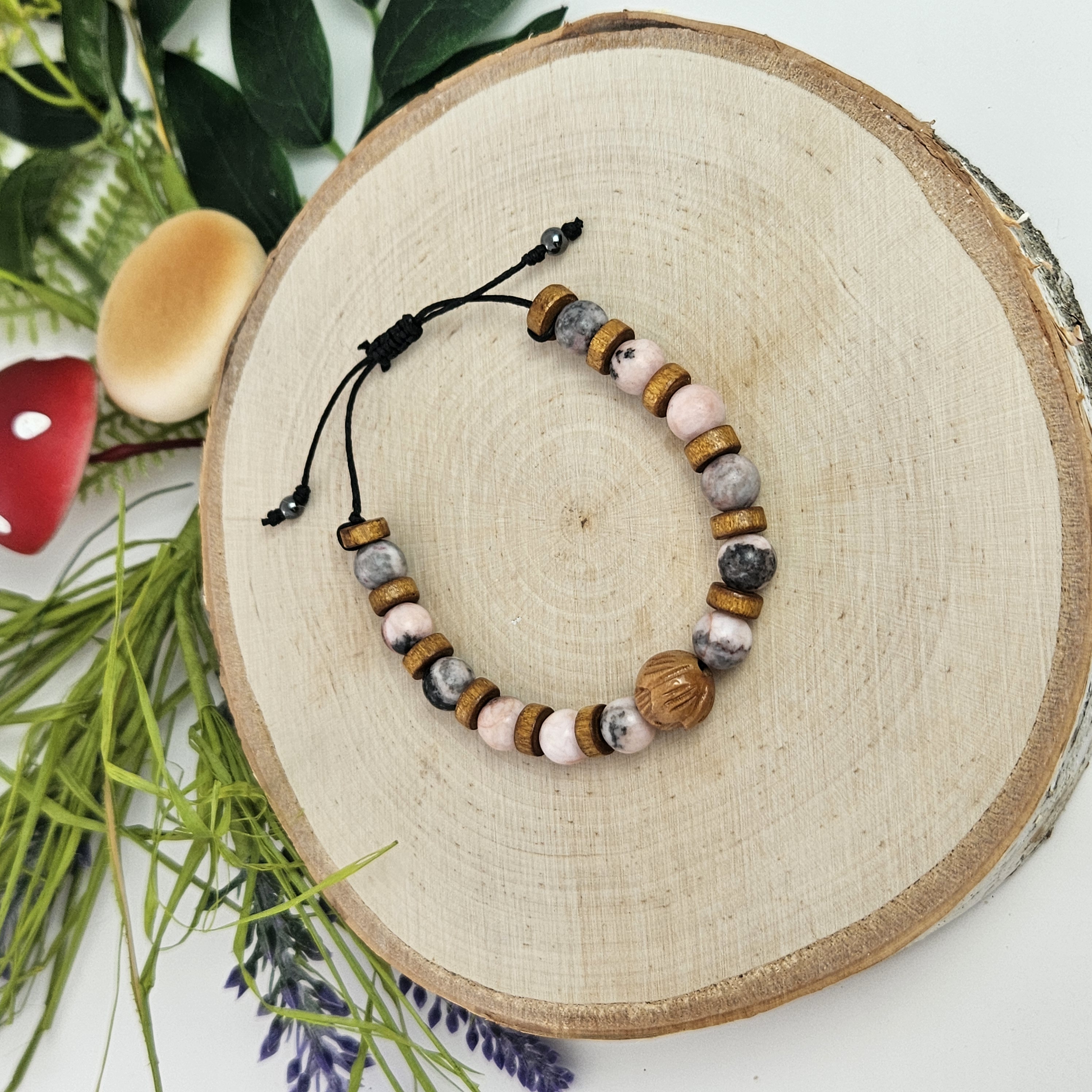 Carved Wooden Lotus Bracelet and Pink Zebra Jasper Bracelet