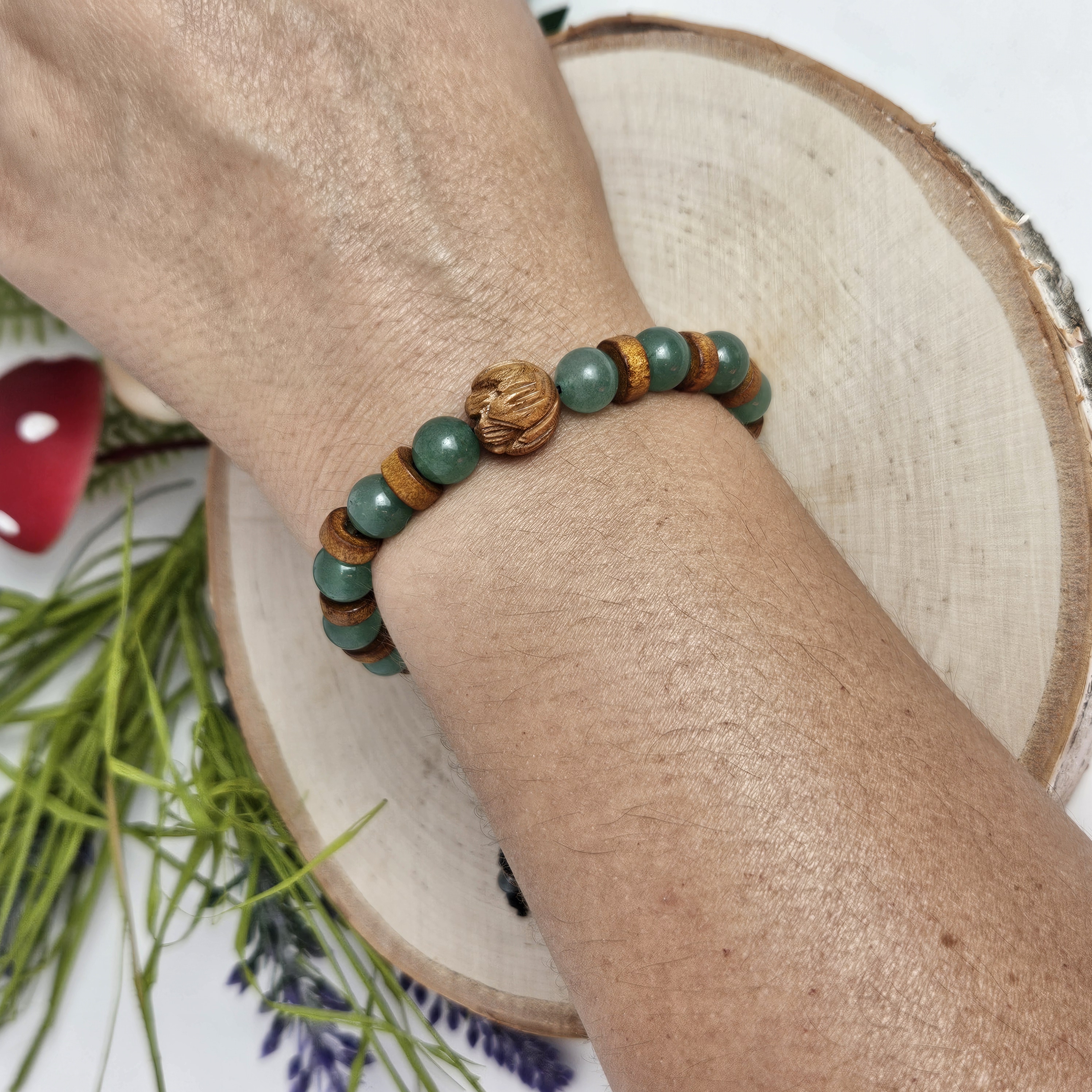 Carved Wooden Lotus and Green Aventurine Bracelet