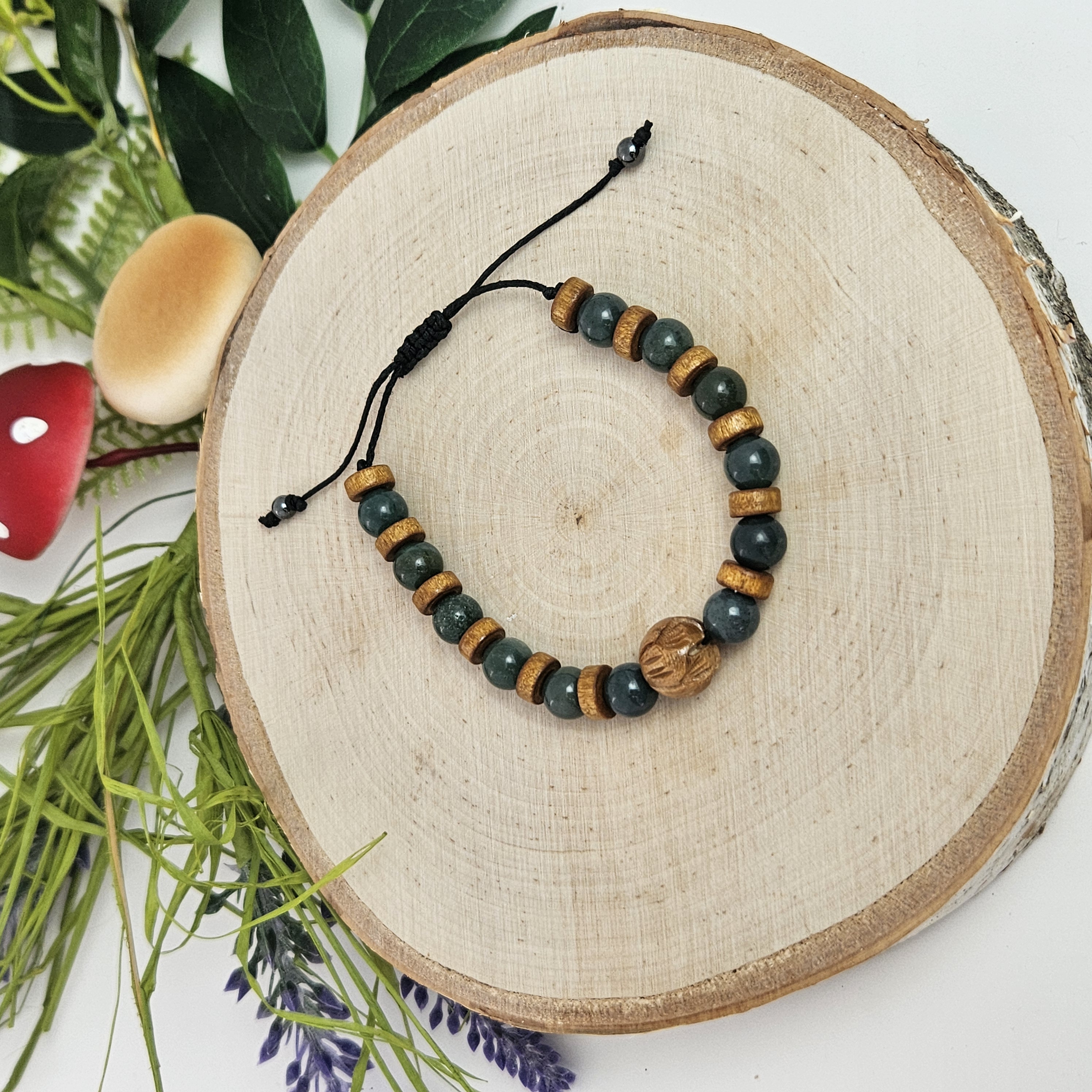 Carved Wooden Lotus and Moss Agate Bracelet
