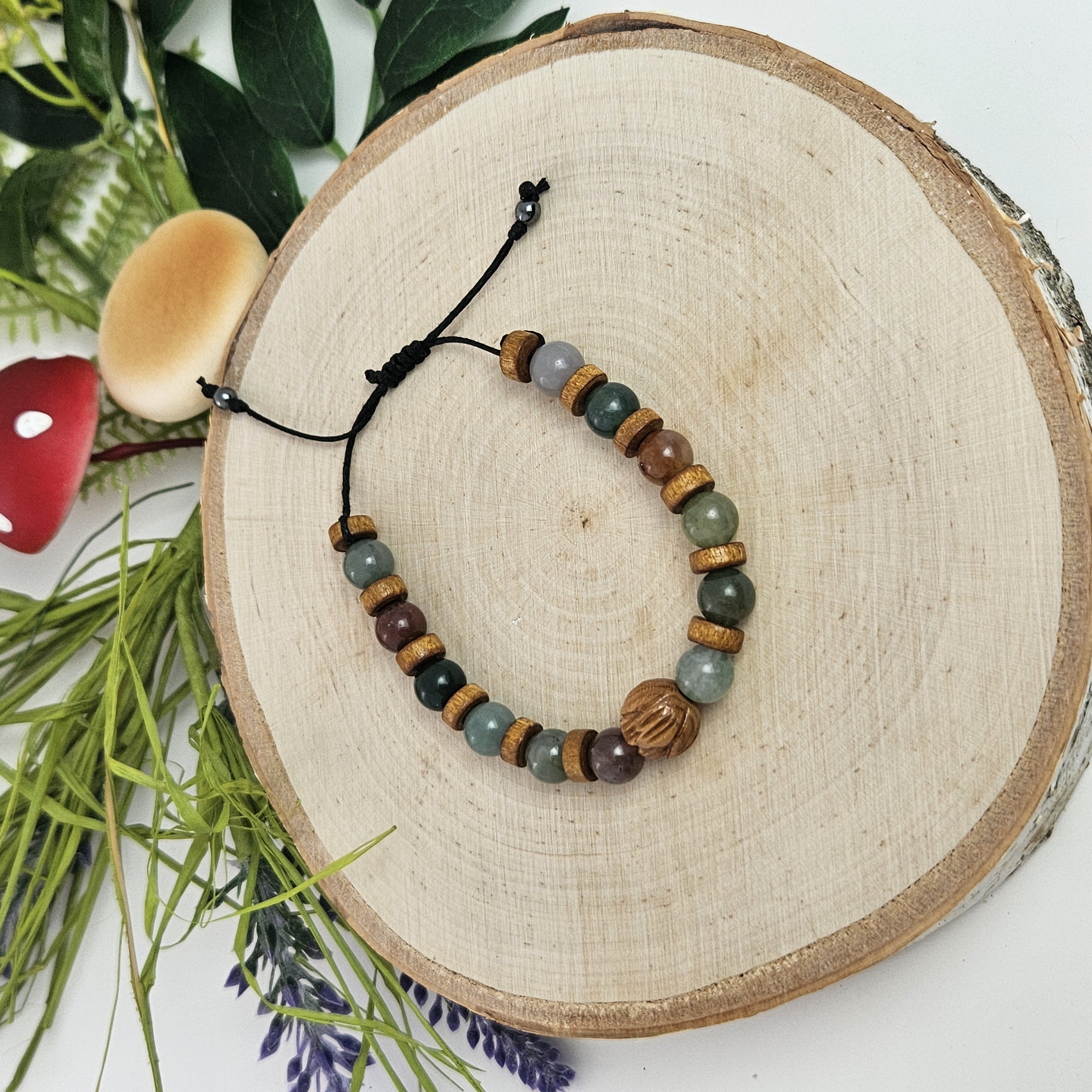 Carved Wooden Lotus and Indian Agate Bracelet