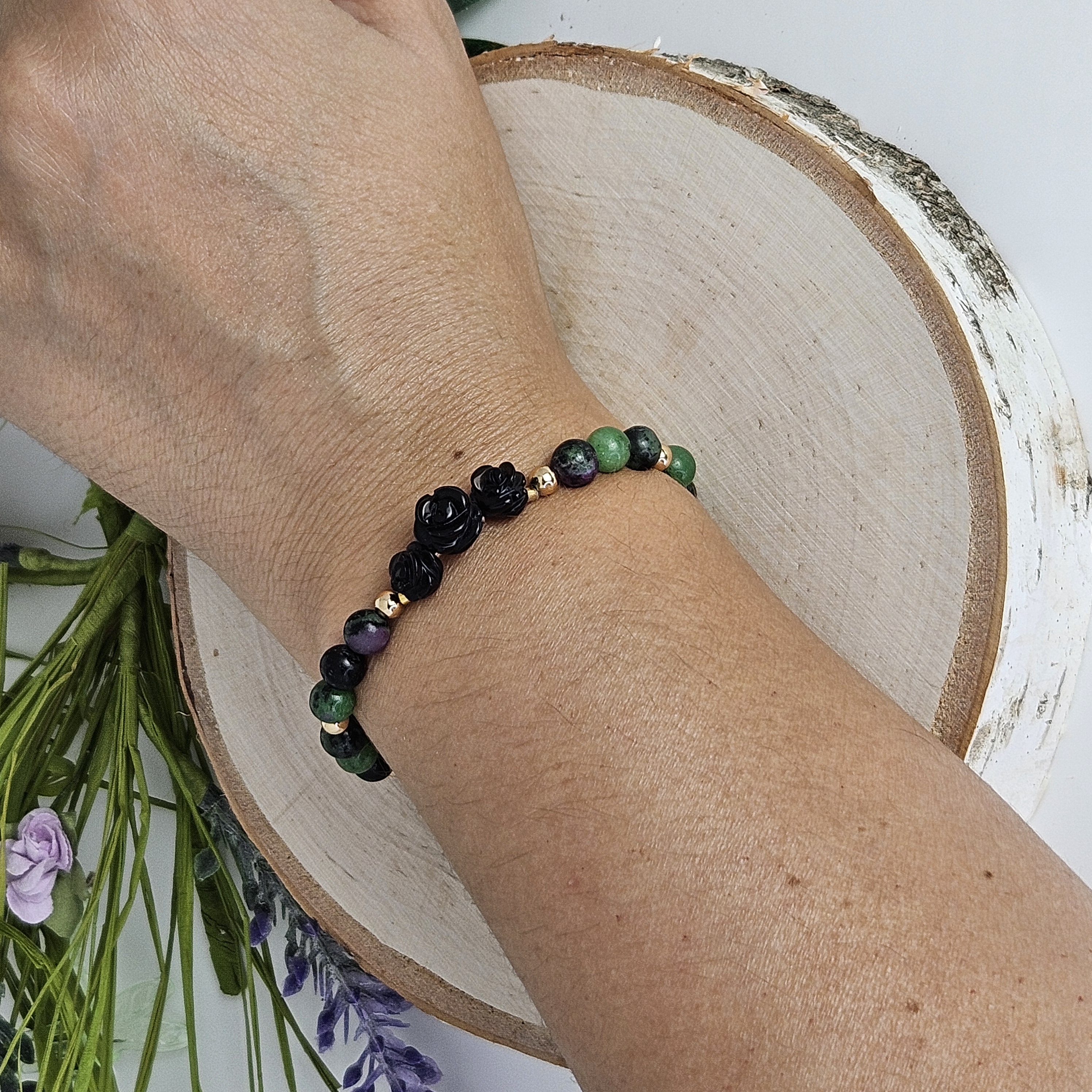 Small Black Agate Rose Ruby Zoisite Bracelet