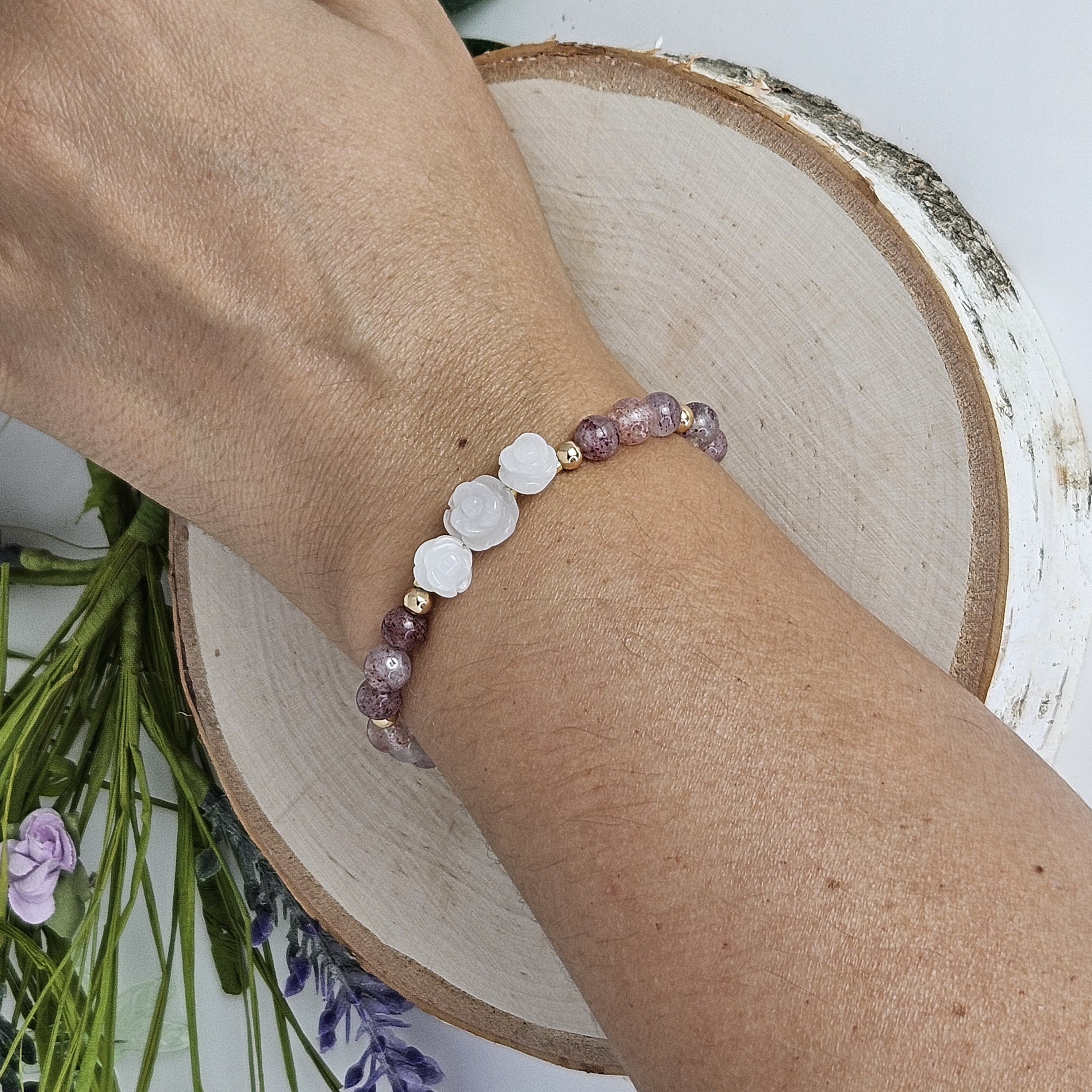 Small White Jade Rose Strawberry Quartz Bracelet