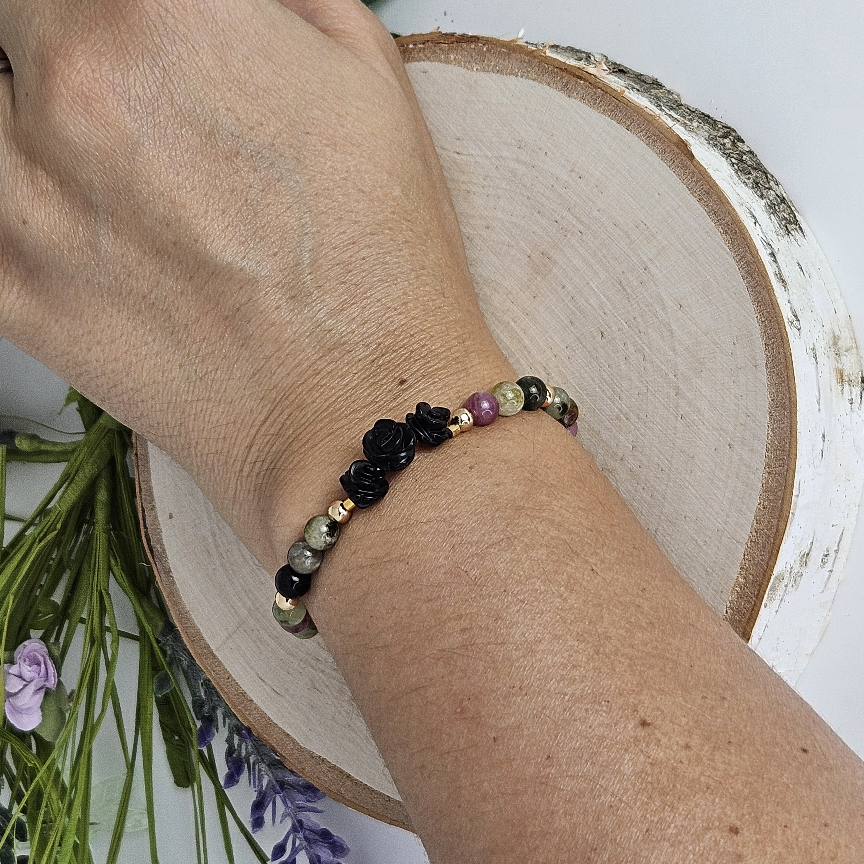 Small Black Agate Rose Multi-Colored Tourmaline