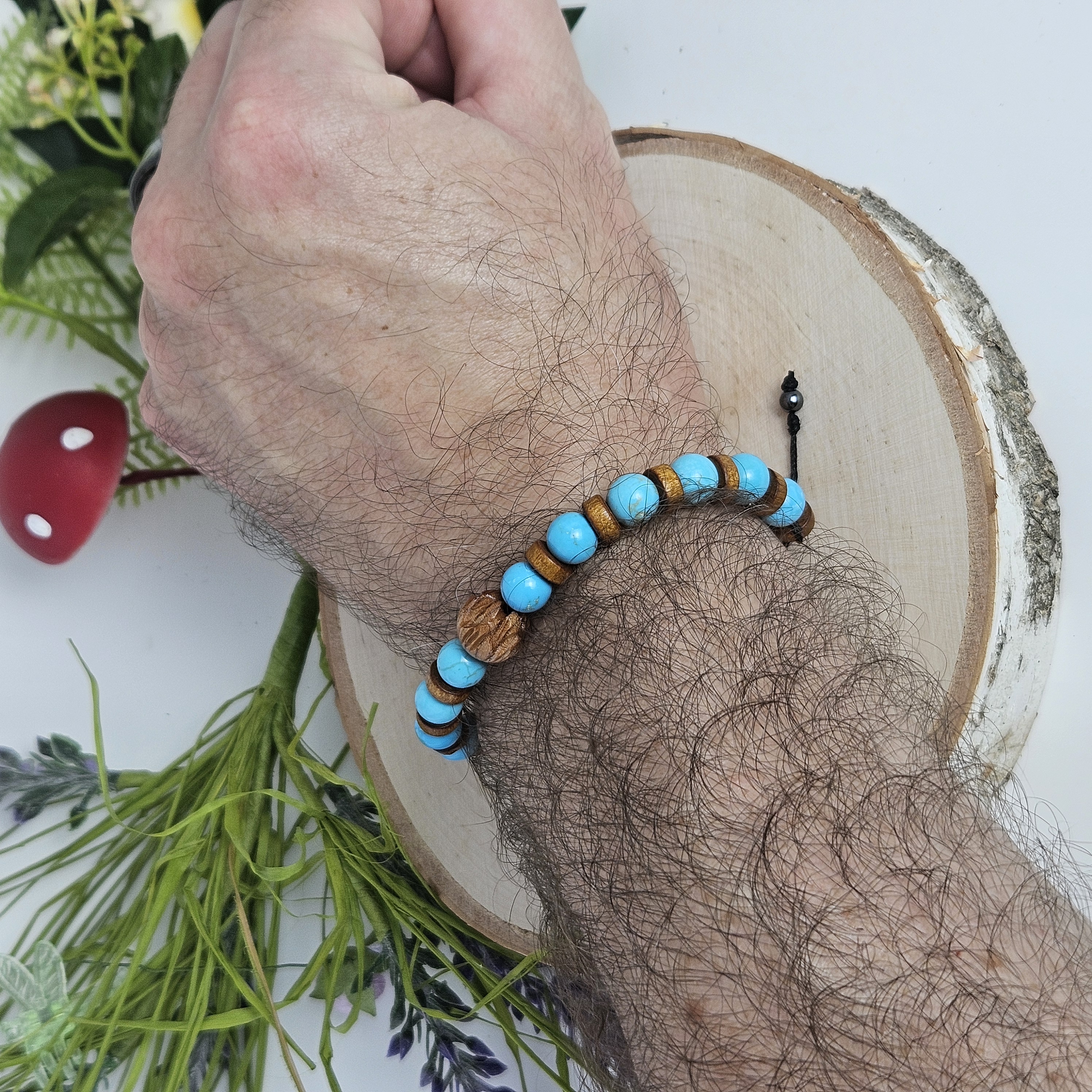 Carved Wooden Lotus and Blue Turquoise Bracelet